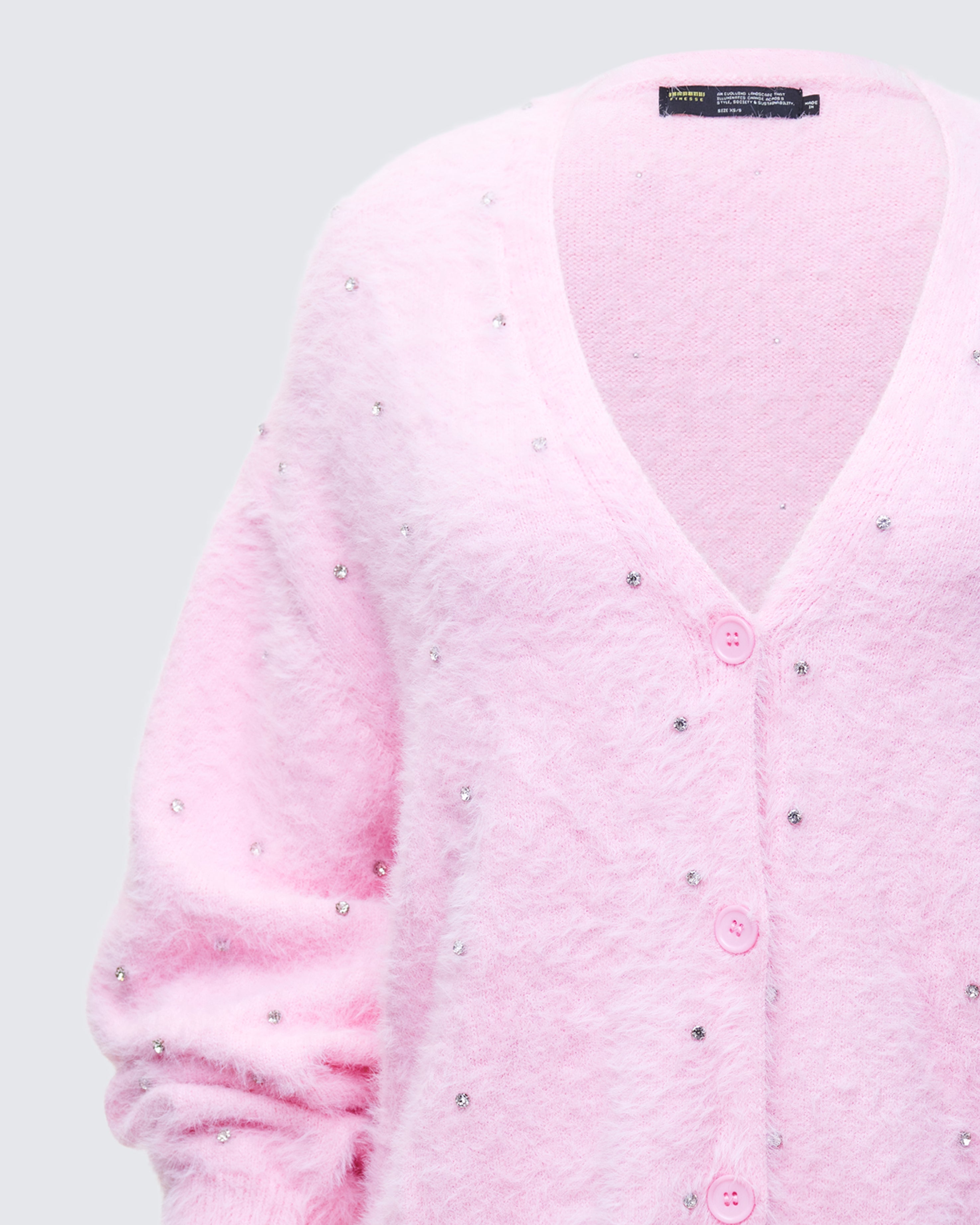 Pink Fuzzy Cardigan - Pearl Embellished Sweater – FINESSE