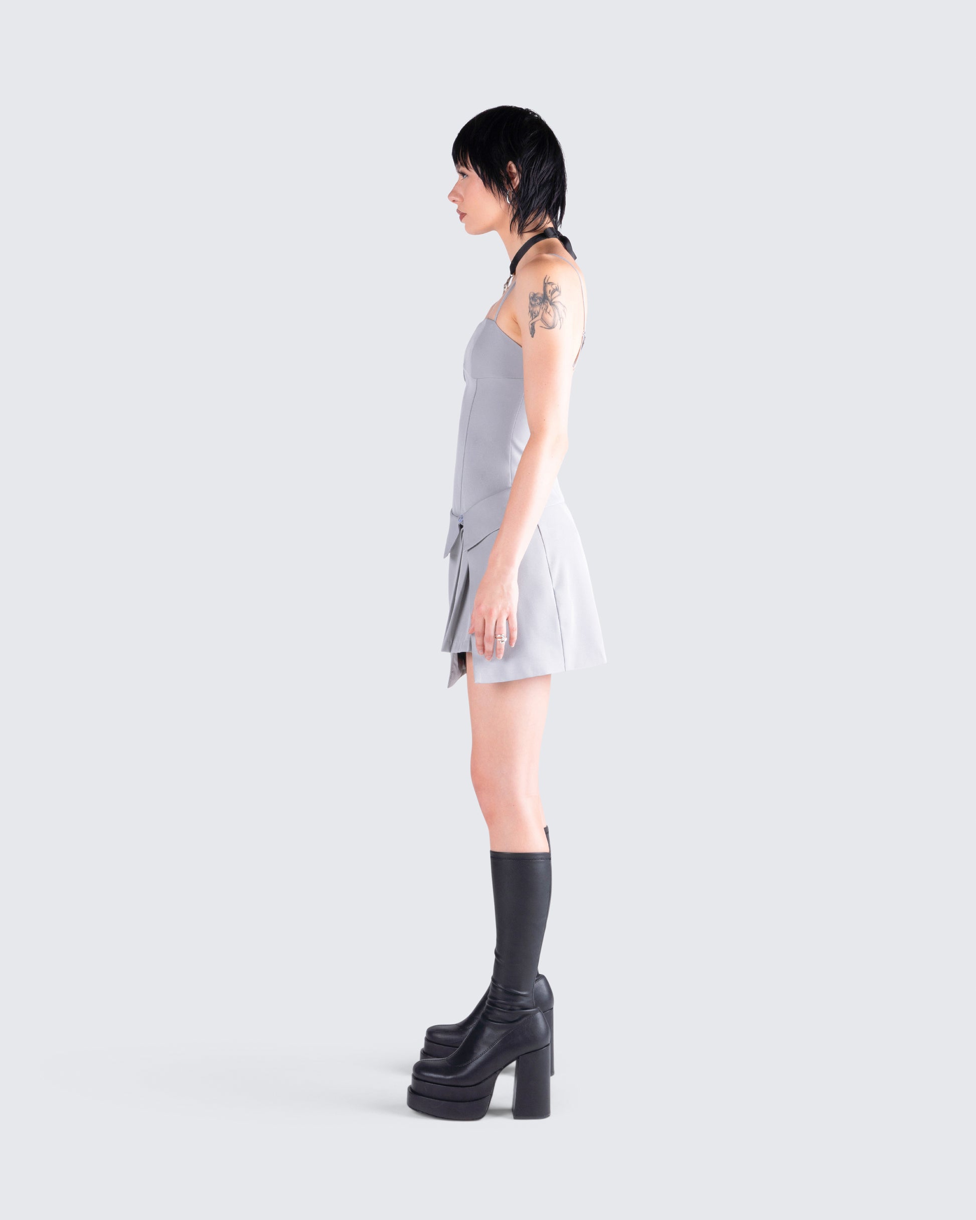 Grey Corset Mini Dress - Bow Belt Cocktail Party FINESSE Grey Corset Mini Dress - Bow Belt Cocktail Party FINESSE