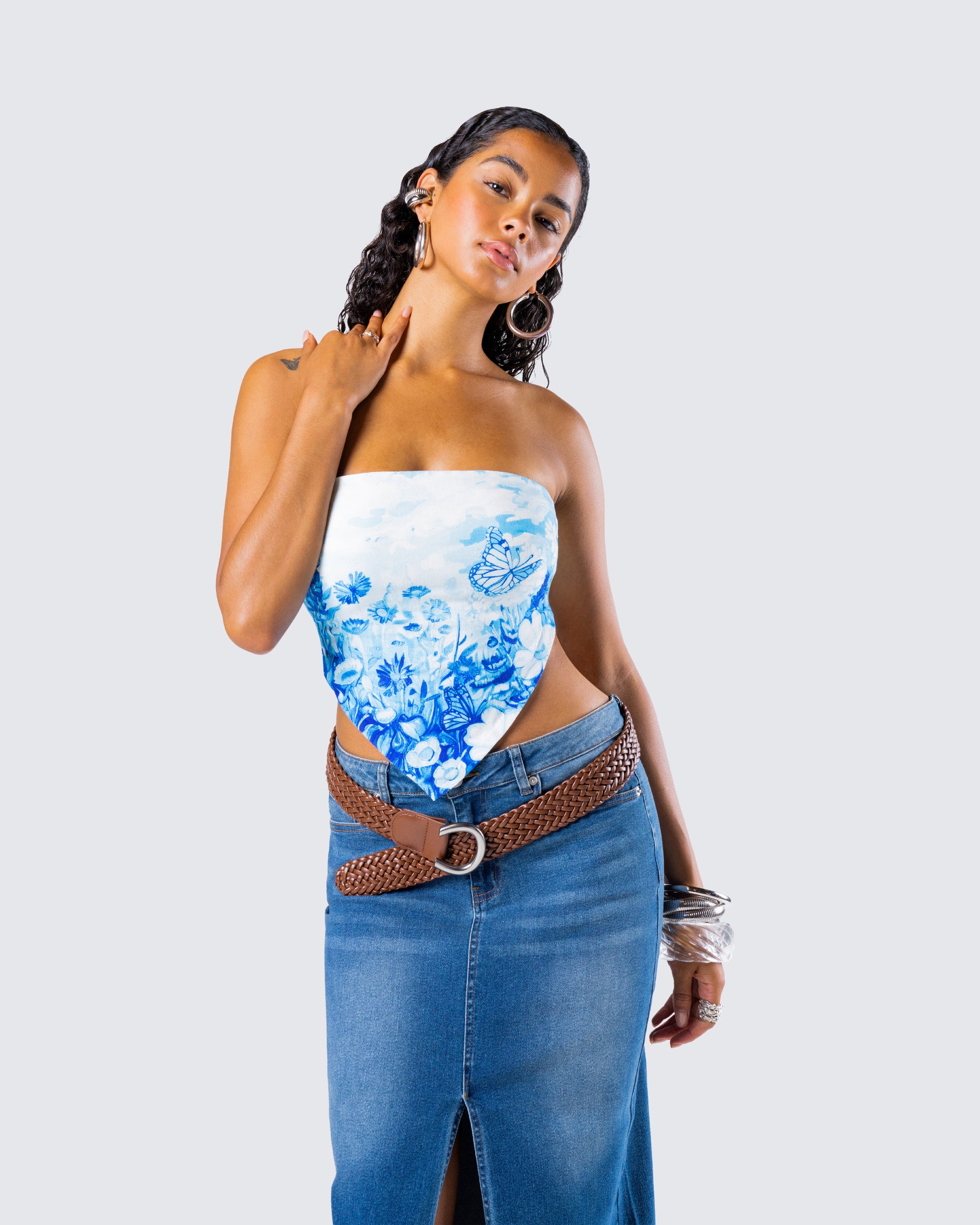 Blue Floral Tube Top - Strapless Linen Blend FINESSE Blue Floral Tube Top - Strapless Linen Blend FINESSE
