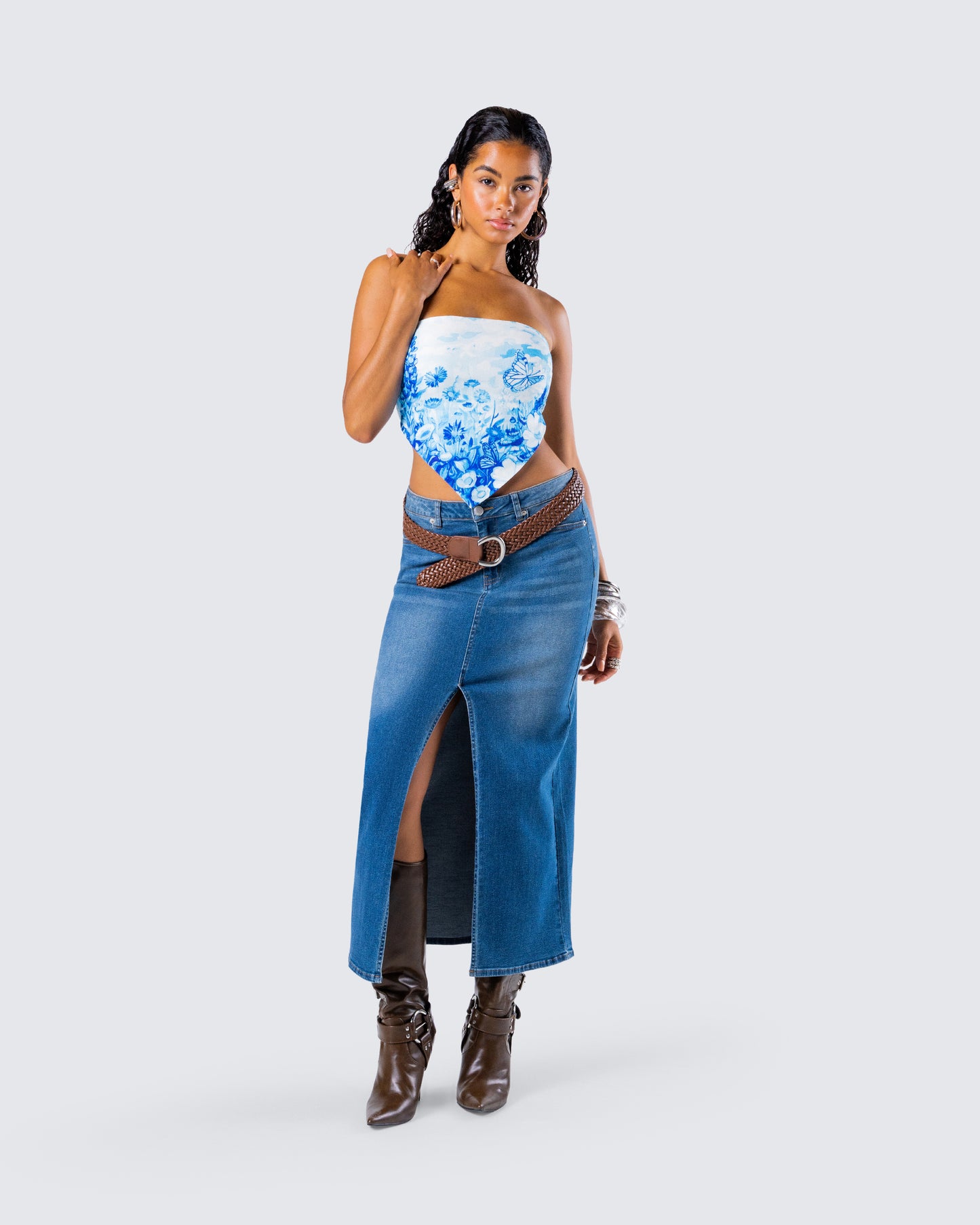 Ahmeira Blue Floral Print Tube Top