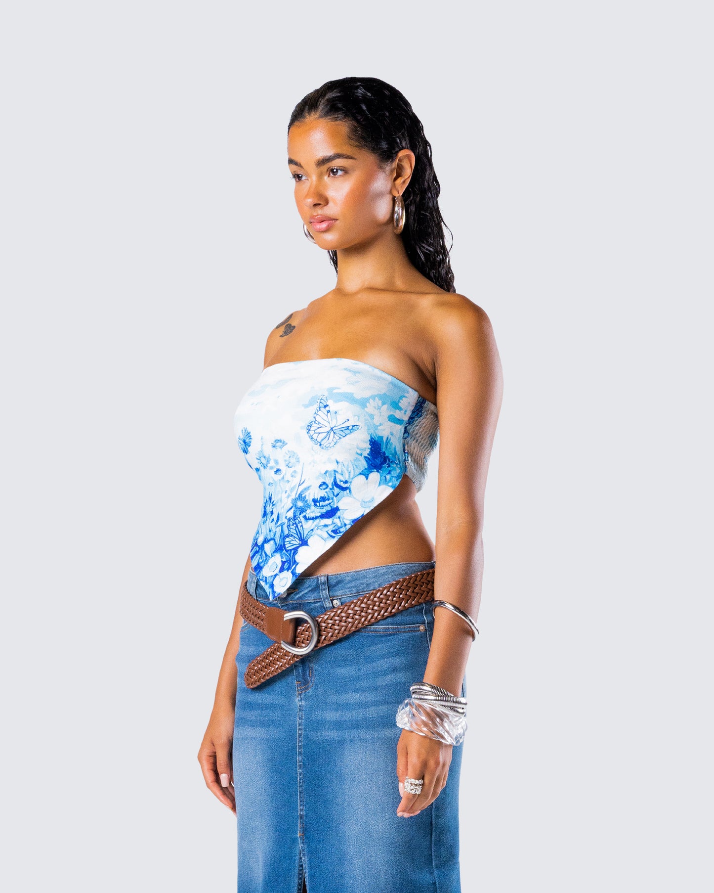 Ahmeira Blue Floral Print Tube Top