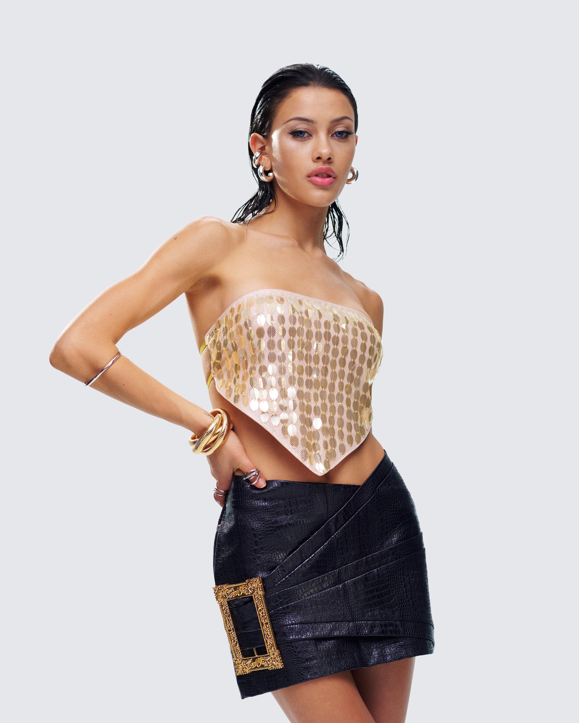 Gold Sequin Two-Piece Set - Strapless Top + Leather Mini FINESSE Gold Sequin Two-Piece Set - Strapless Top + Leather Mini FINESSE
