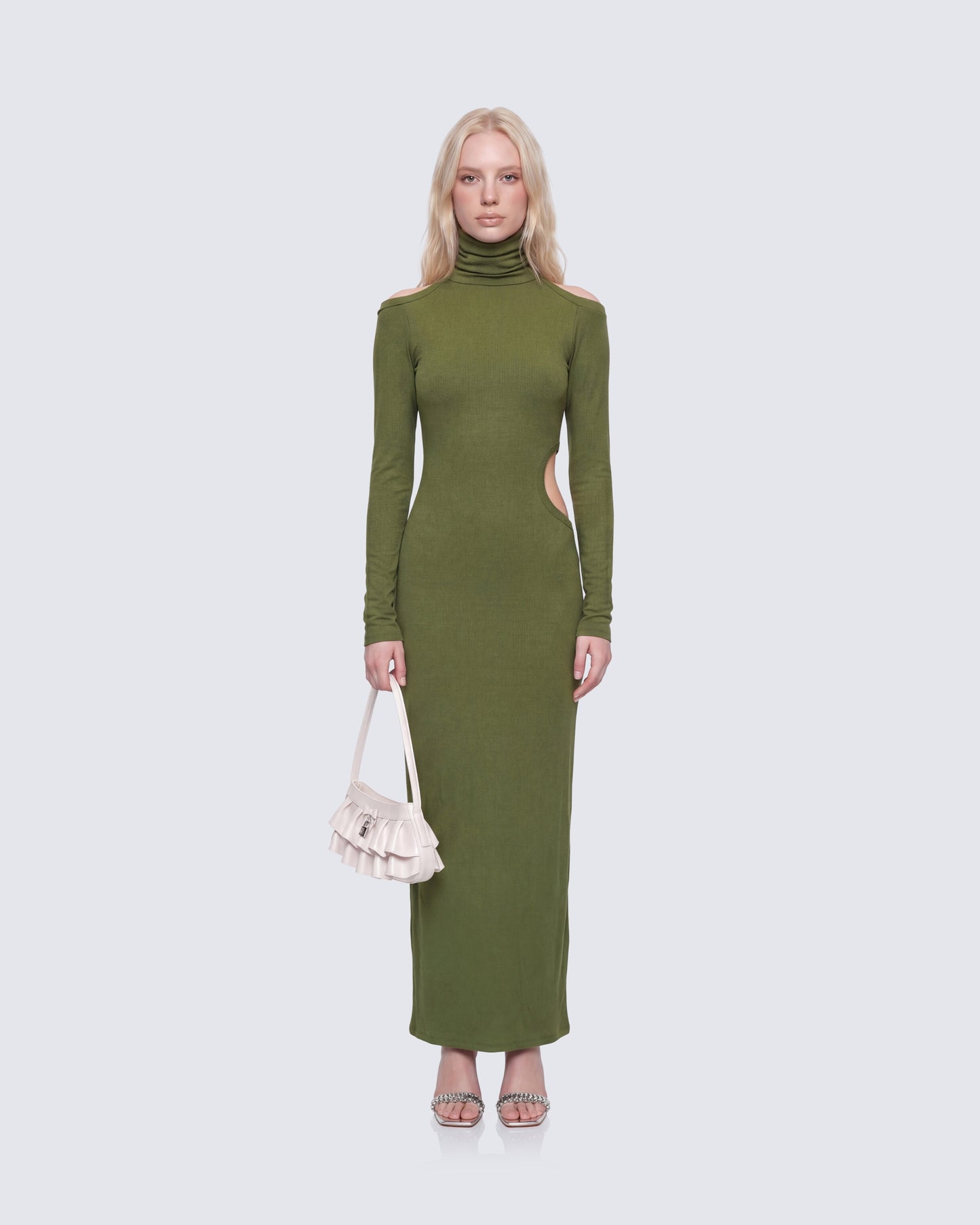 Aiko Olive Ribbed Cutout Maxi Dress model front