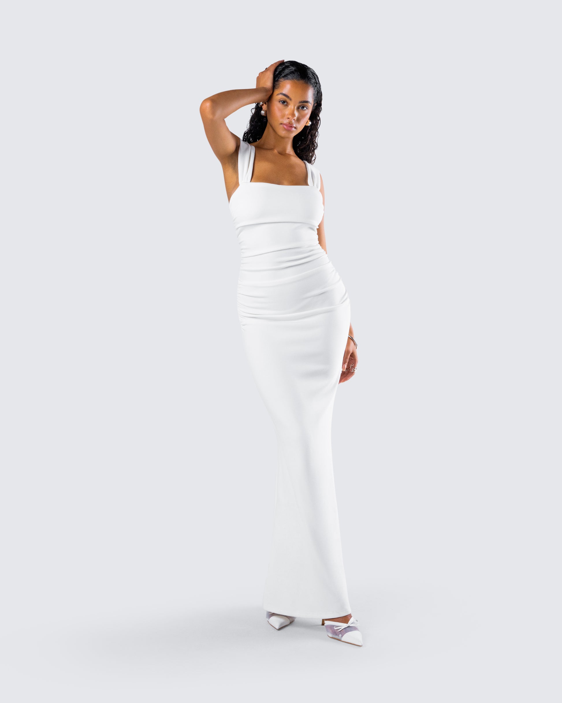 White Maxi Dress - Ruched Strapless Bodycon Gown FINESSE White Maxi Dress - Ruched Strapless Bodycon Gown FINESSE
