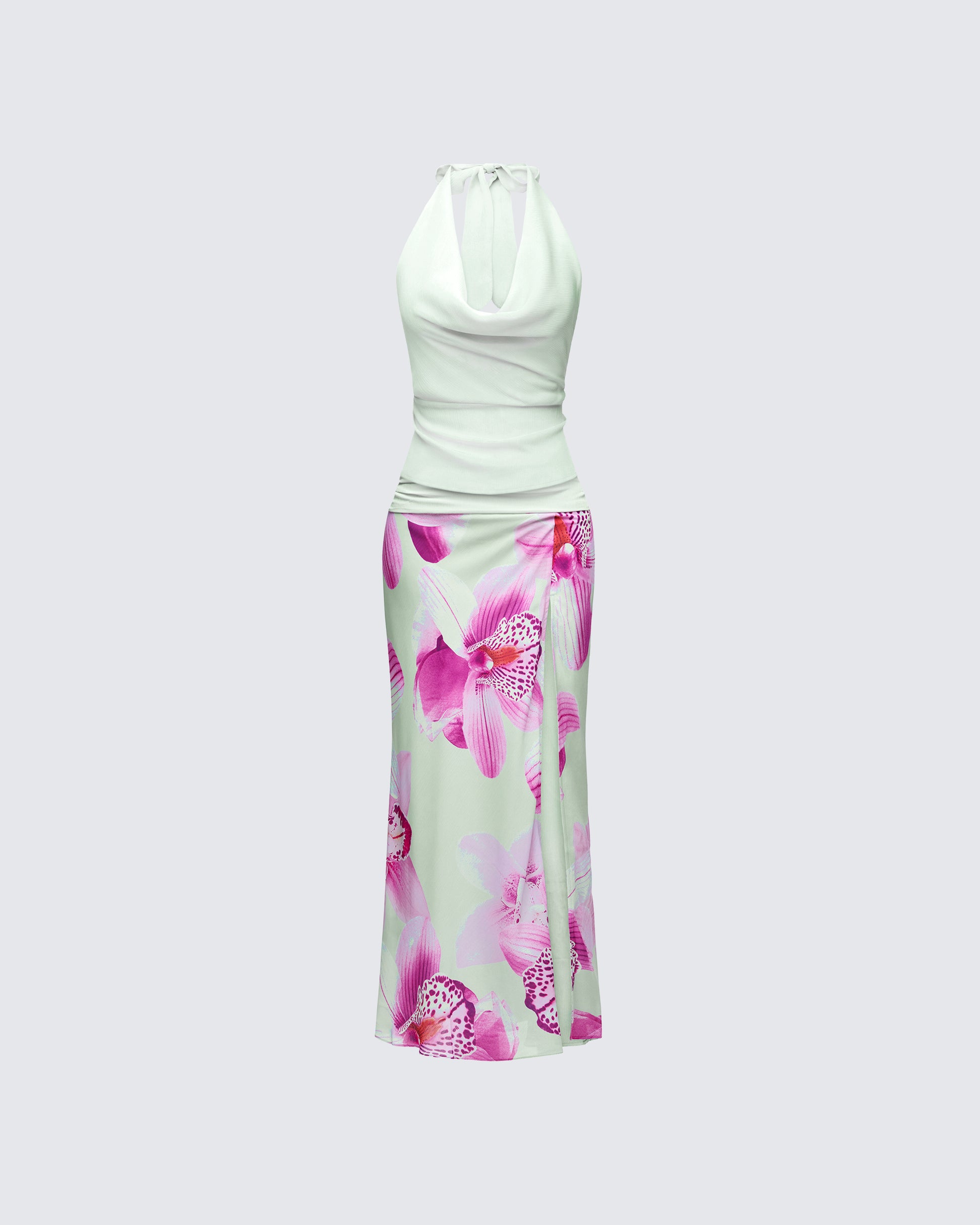 Green Floral Two Piece Set - Halter Top Maxi Skirt FINESSE Green Floral Two Piece Set - Halter Top Maxi Skirt FINESSE