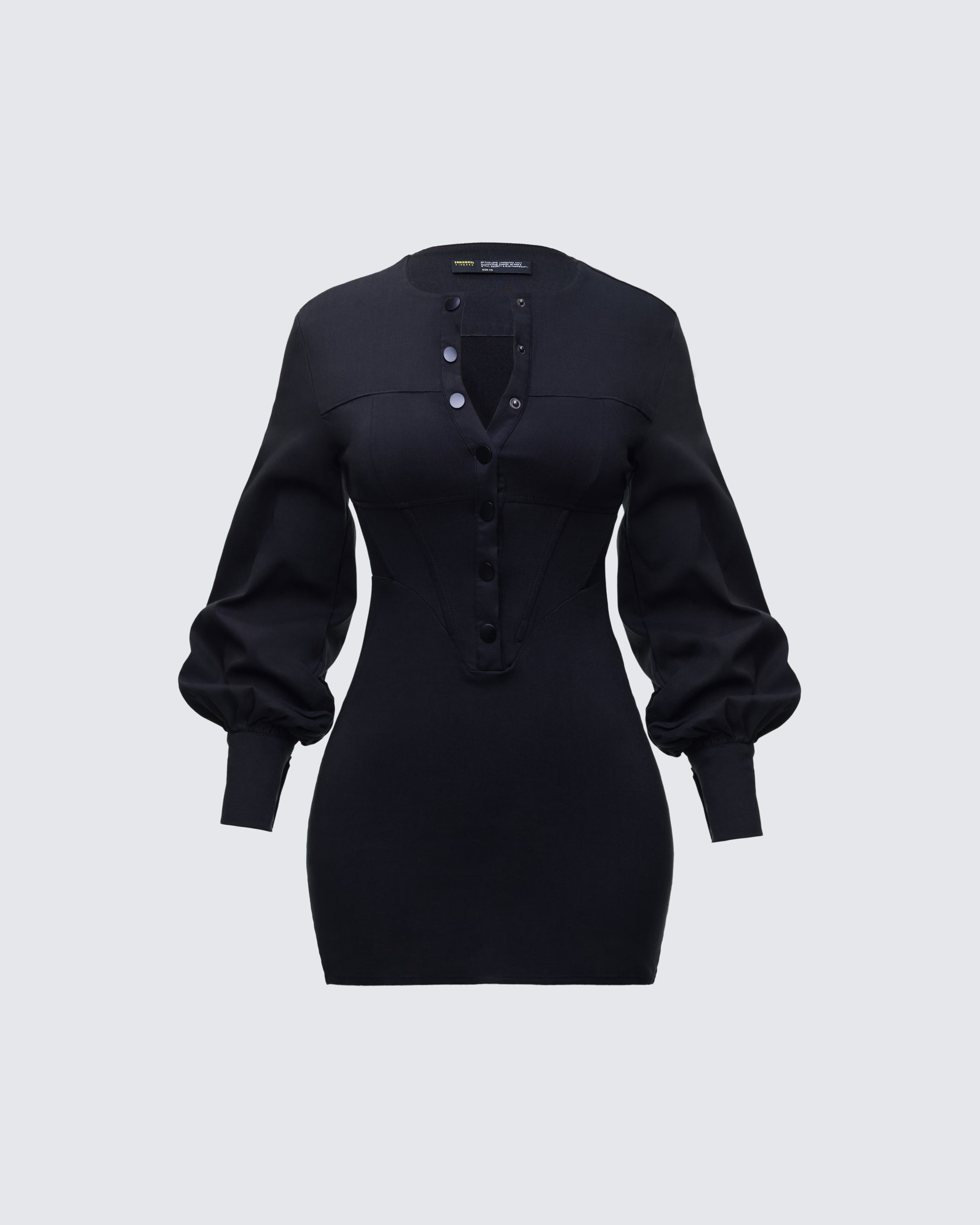 Black Knit Mini Dress - Button Front Balloon Sleeve FINESSE Black Knit Mini Dress - Button Front Balloon Sleeve FINESSE