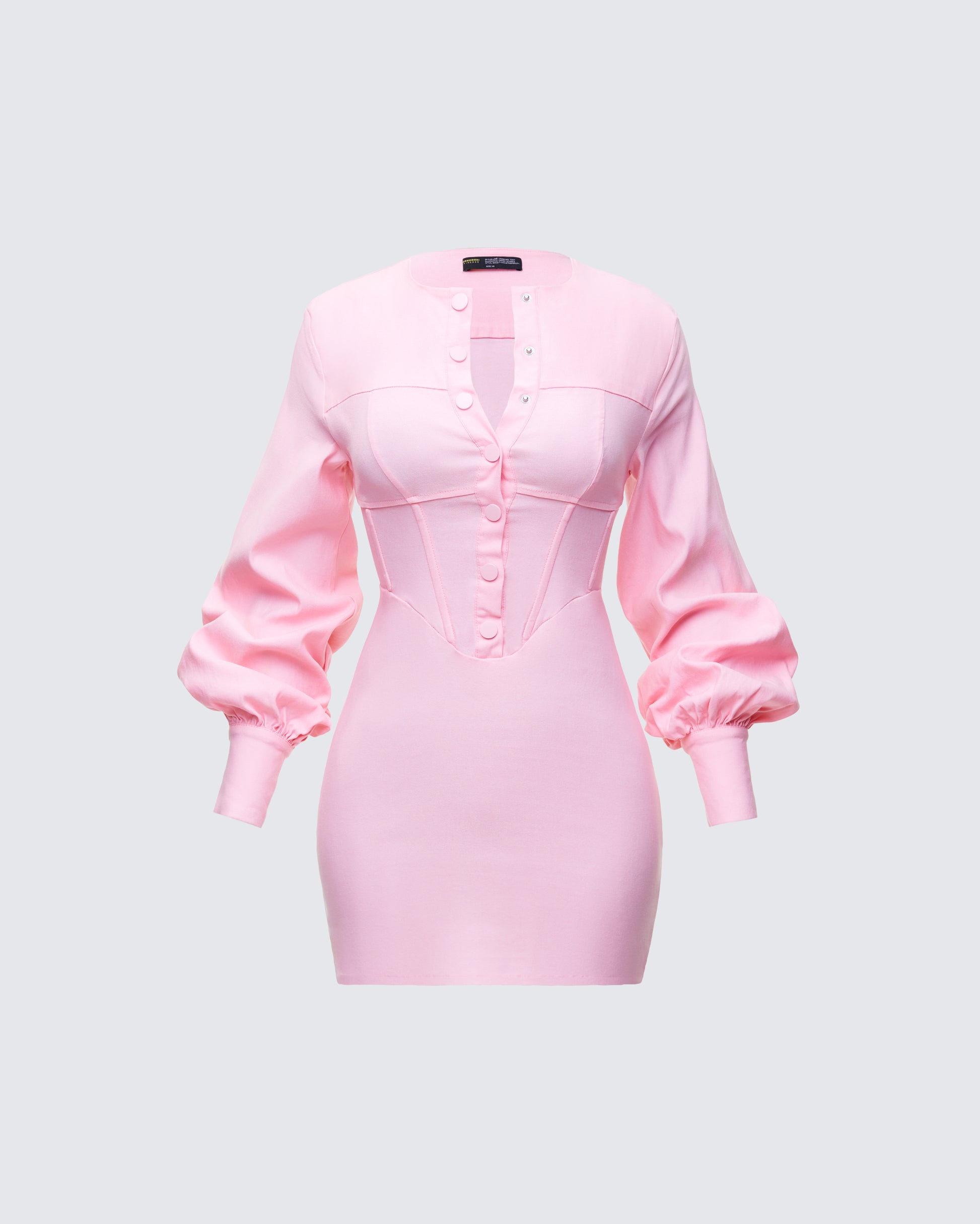 Pink Satin Mini Dress - Corset Bodice Long Sleeve FINESSE Pink Satin Mini Dress - Corset Bodice Long Sleeve FINESSE