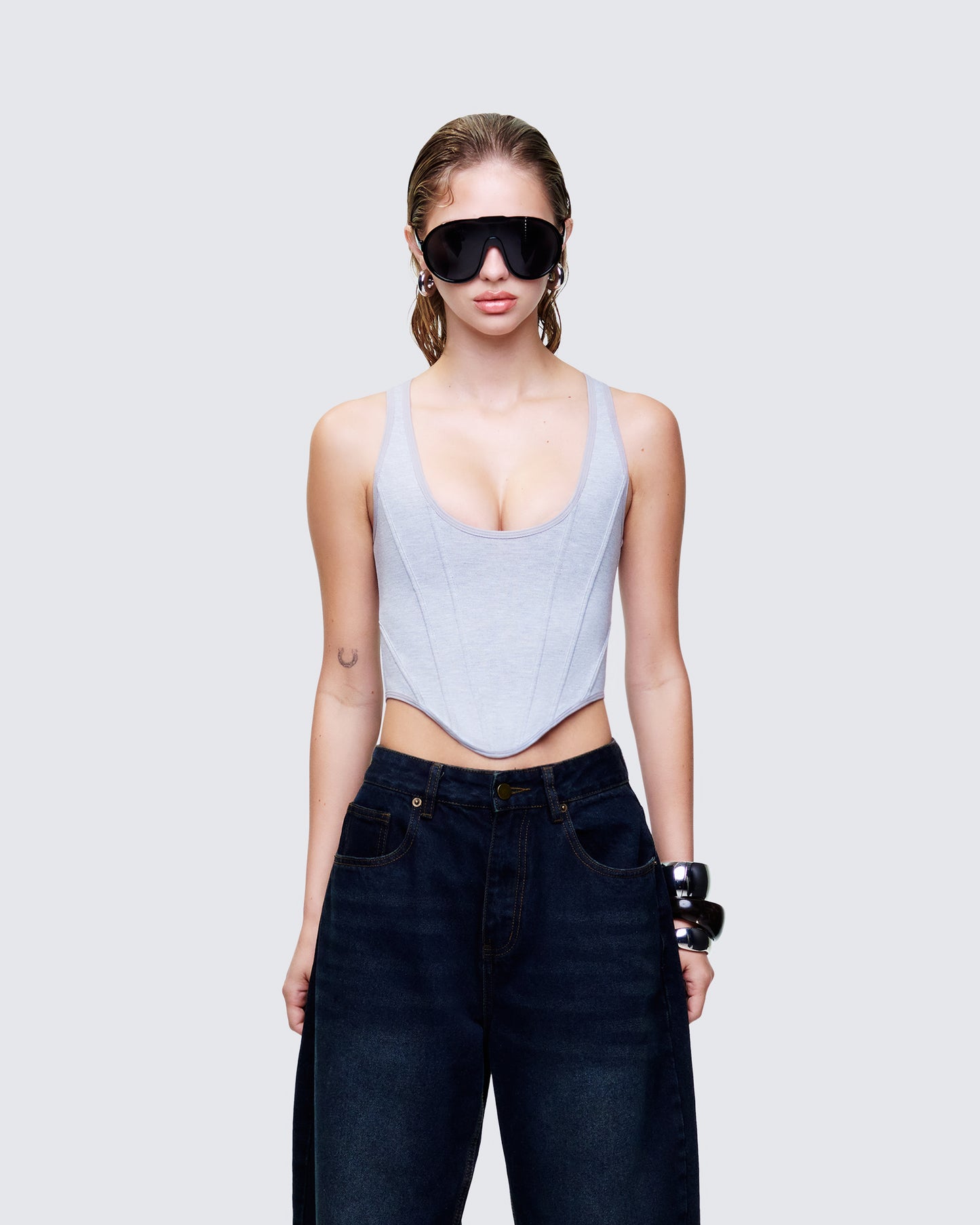 Allie Grey Jersey Corset Top model front