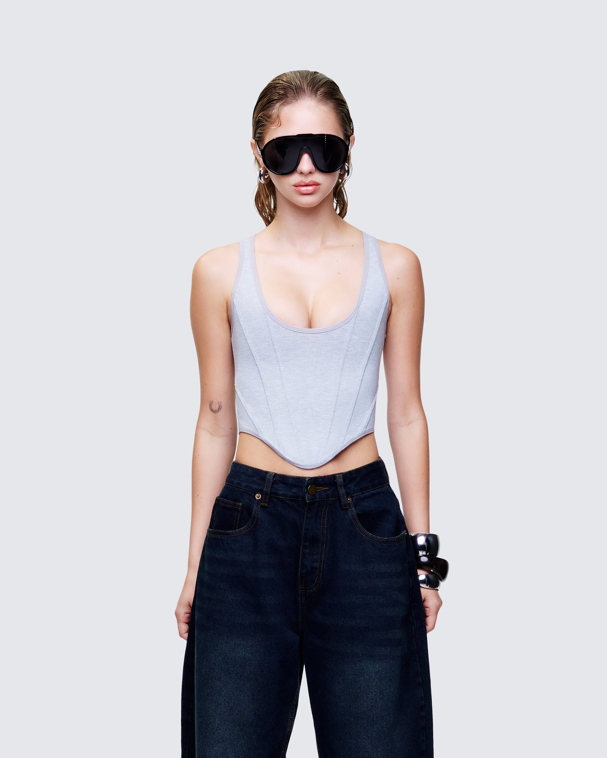 Allie Grey Jersey Corset Top model front