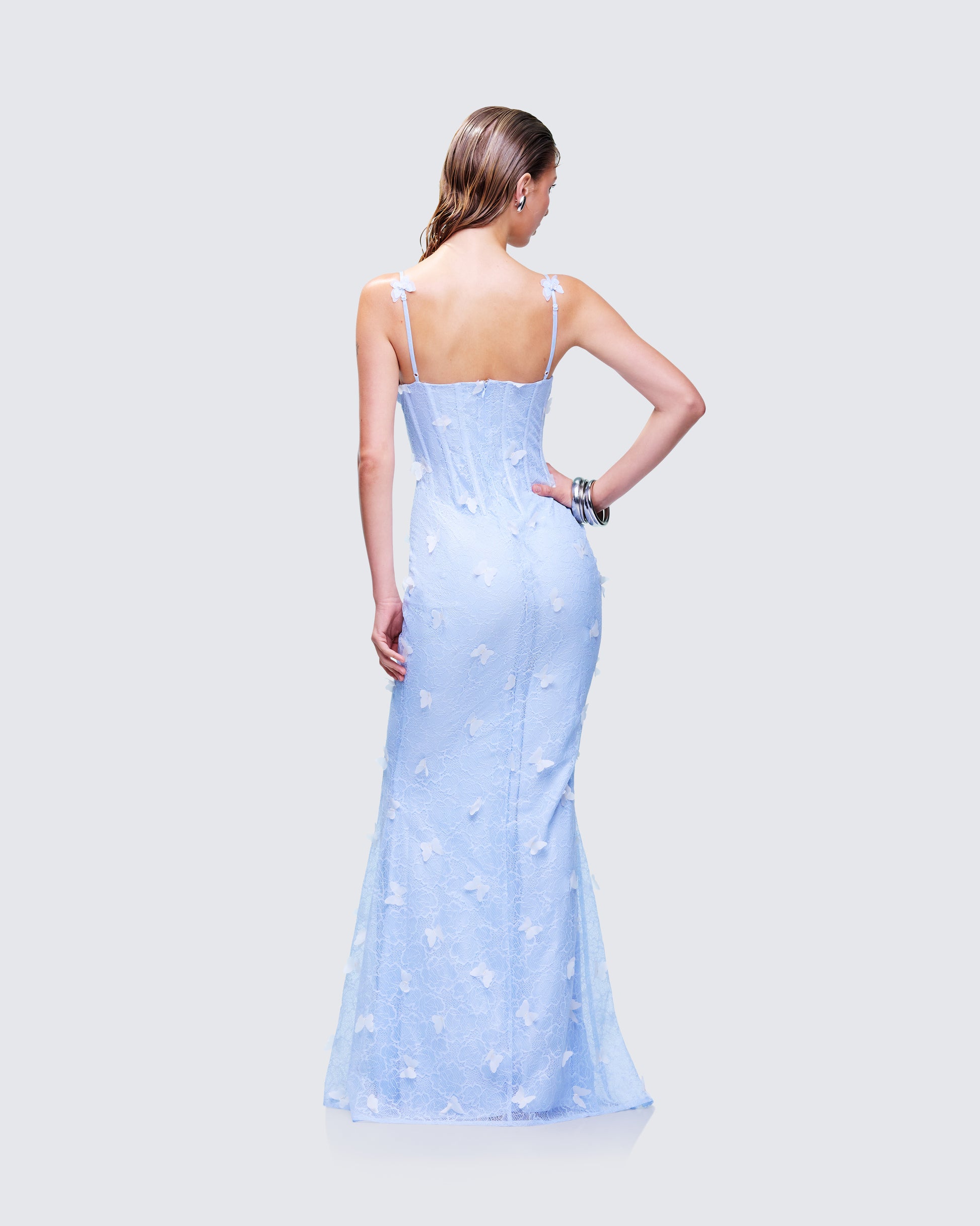Blue Butterfly Lace Maxi Dress - Sheer Formal Gown FINESSE Blue Butterfly Lace Maxi Dress - Sheer Formal Gown FINESSE