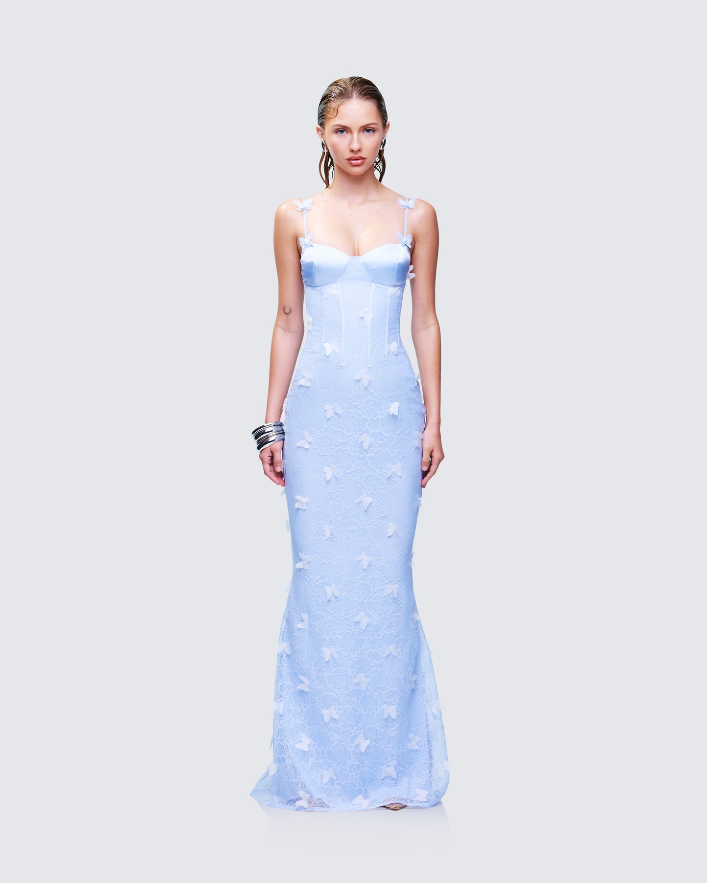 Alma Blue Butterfly Lace Maxi Dress model front