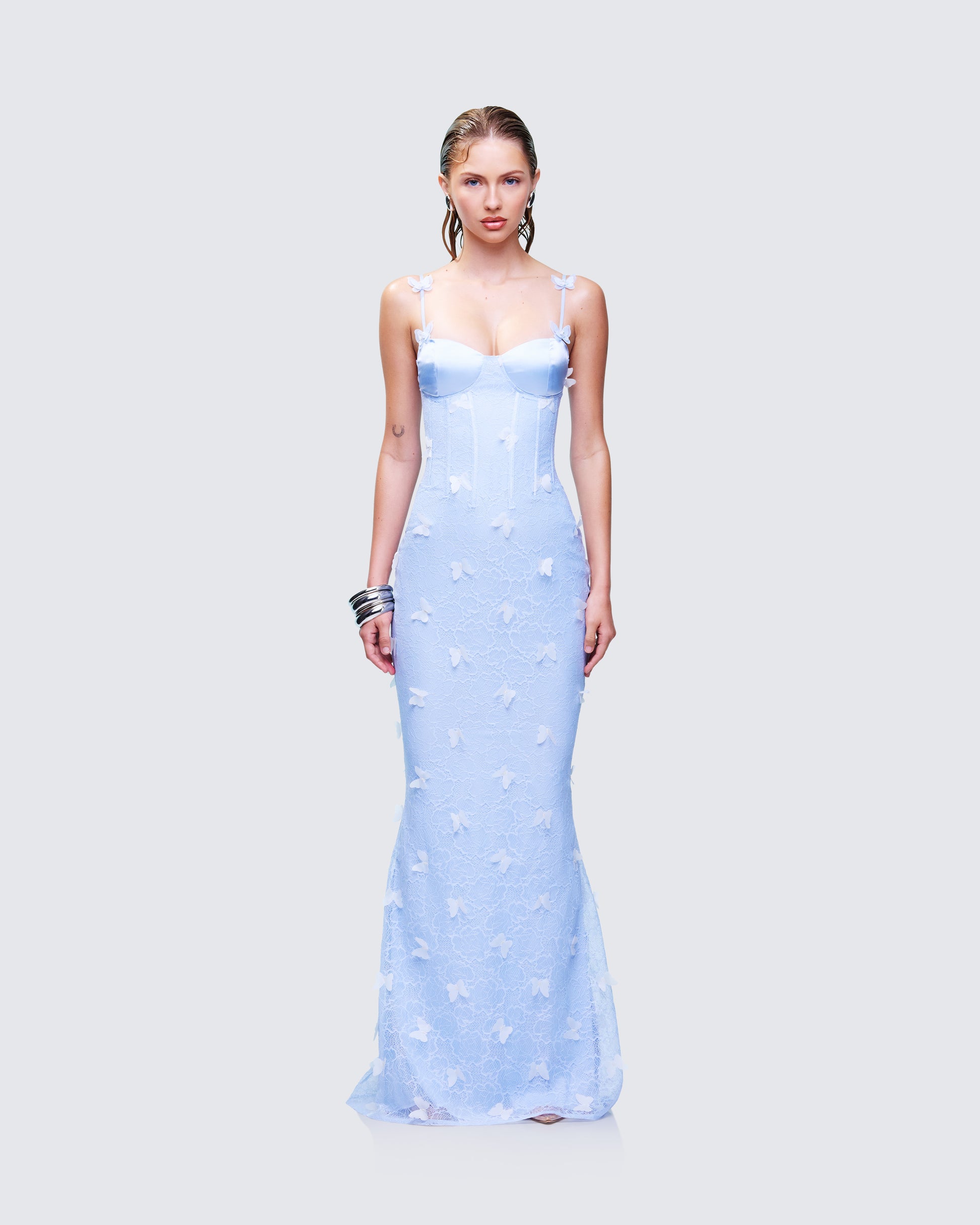 Alma Blue Butterfly Lace Maxi Dress model front
