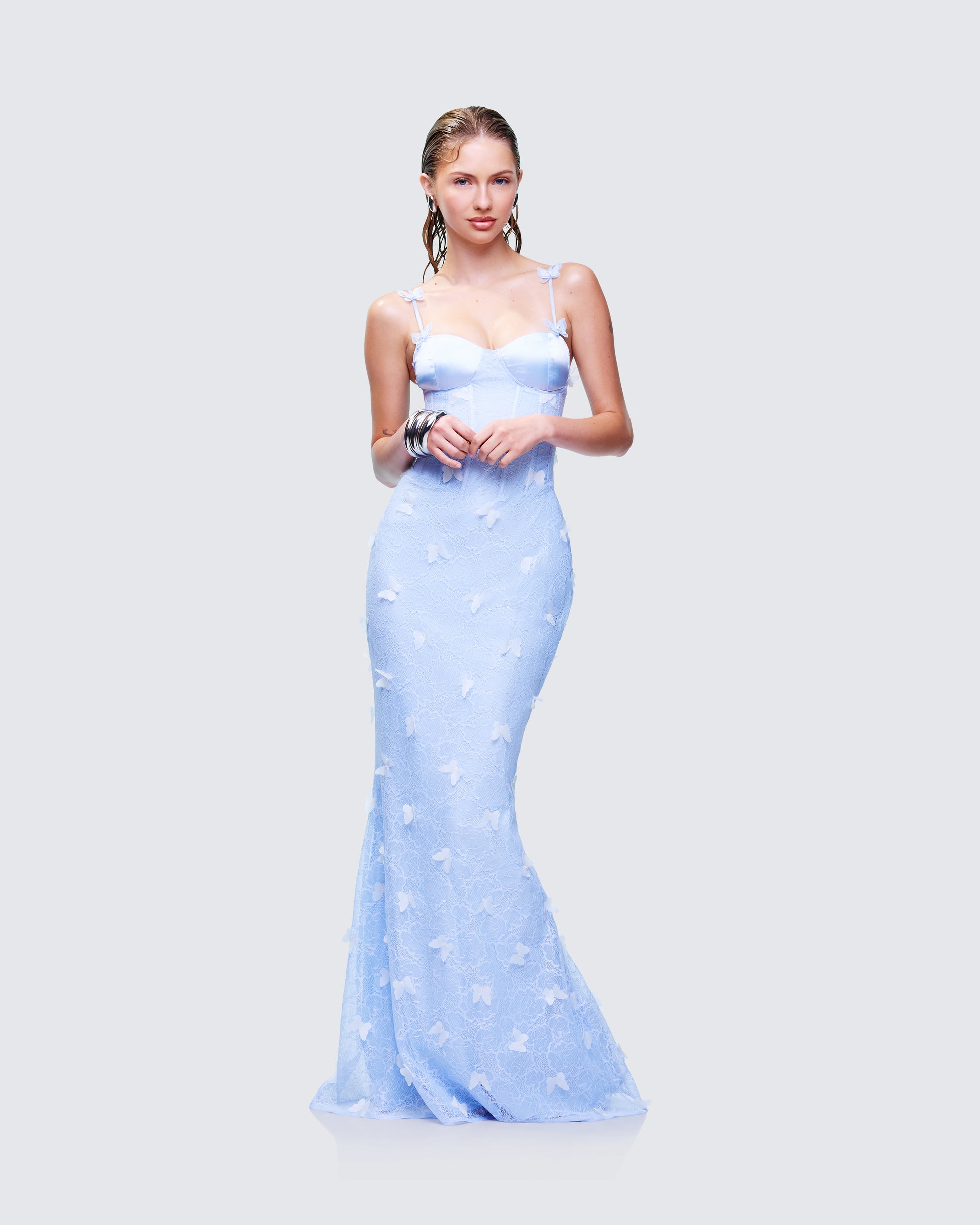 Blue Butterfly Lace Maxi Dress - Sheer Formal Gown FINESSE Blue Butterfly Lace Maxi Dress - Sheer Formal Gown FINESSE