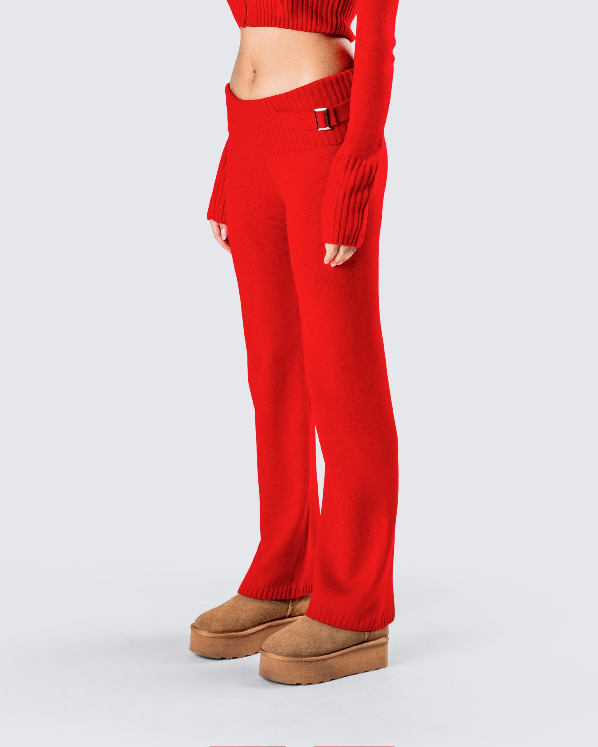 Red Knit Pants - Wide Leg Fold-Over Waistband FINESSE Red Knit Pants - Wide Leg Fold-Over Waistband FINESSE