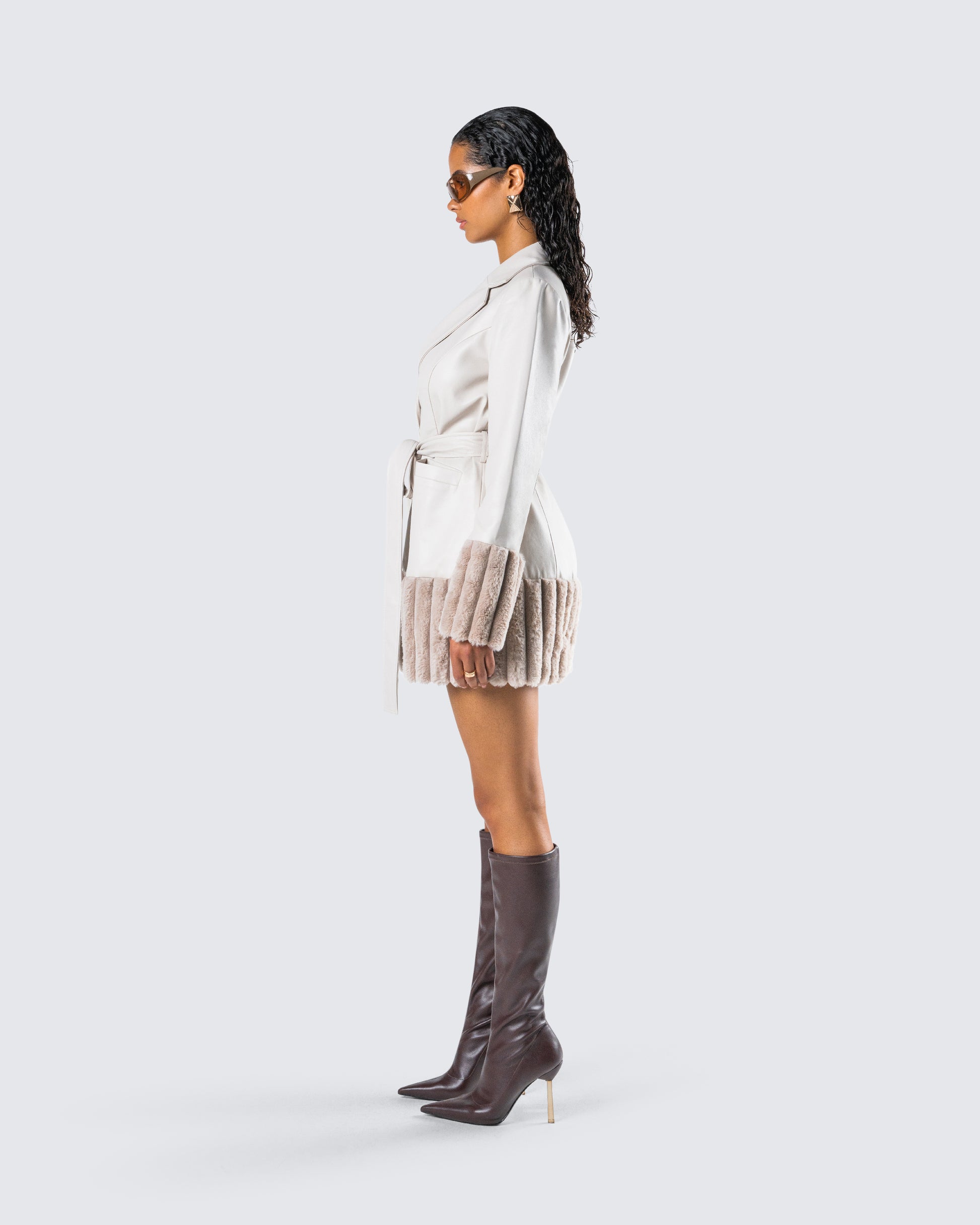 Ivory Vegan Leather Coat - Belted Blazer Style FINESSE Ivory Vegan Leather Coat - Belted Blazer Style FINESSE