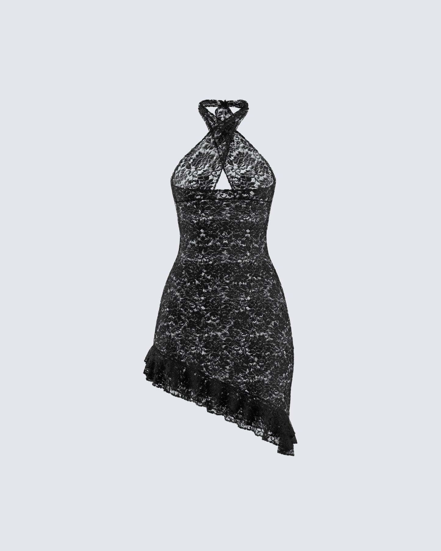 Black Lace Halter Mini Dress - Asymmetric Ruffle Hem FINESSE Black Lace Halter Mini Dress - Asymmetric Ruffle Hem FINESSE