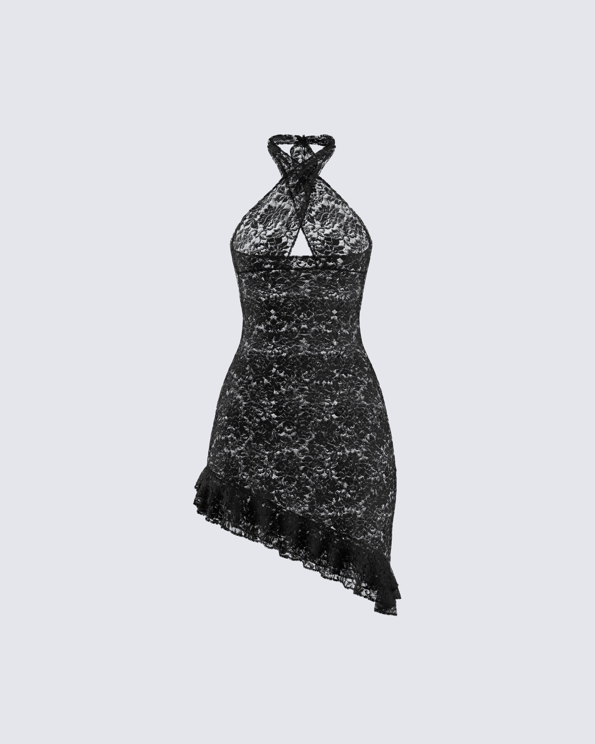 Black Lace Halter Mini Dress - Asymmetric Ruffle Hem FINESSE Black Lace Halter Mini Dress - Asymmetric Ruffle Hem FINESSE