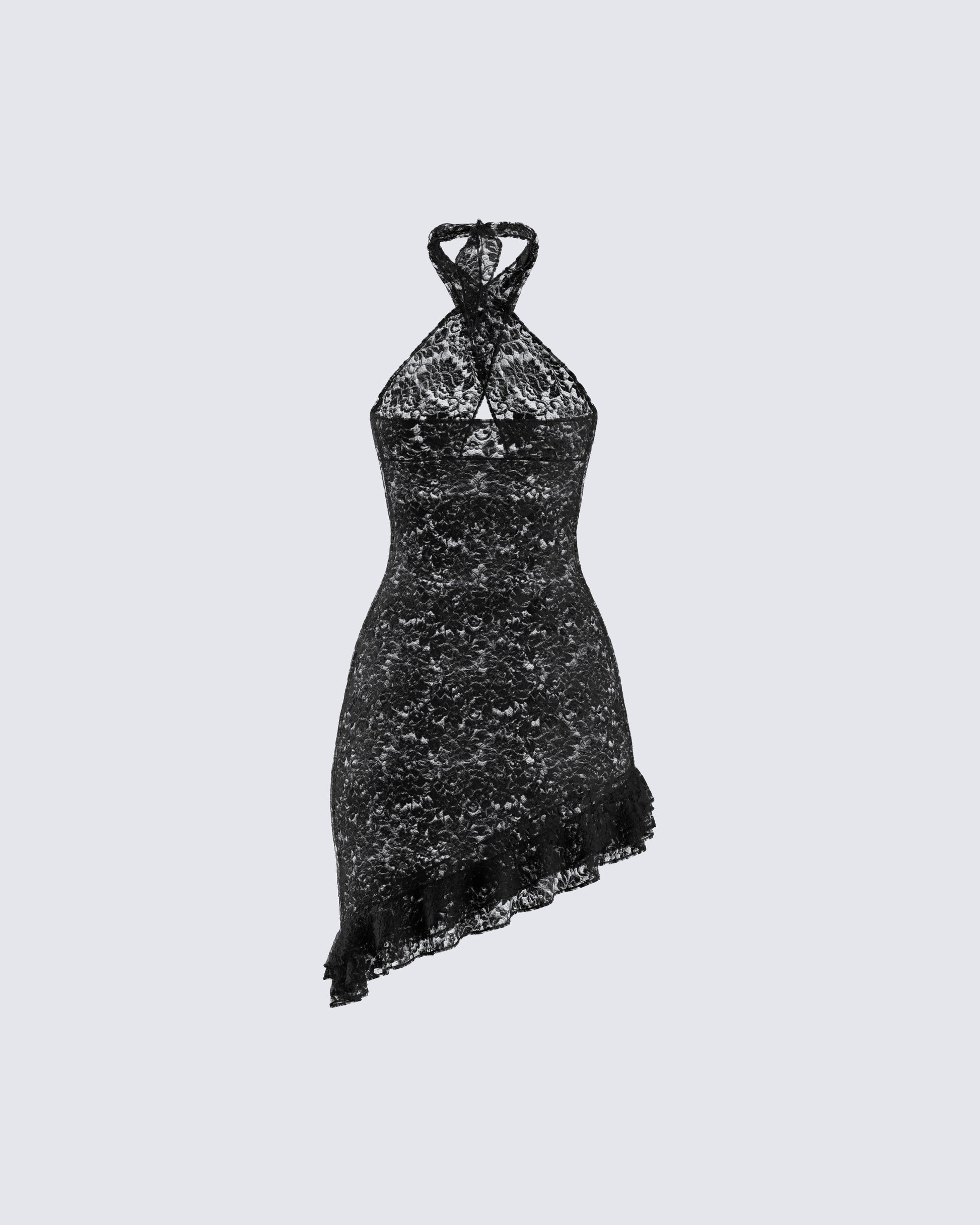 Black Lace Halter Mini Dress - Asymmetric Ruffle Hem FINESSE Black Lace Halter Mini Dress - Asymmetric Ruffle Hem FINESSE