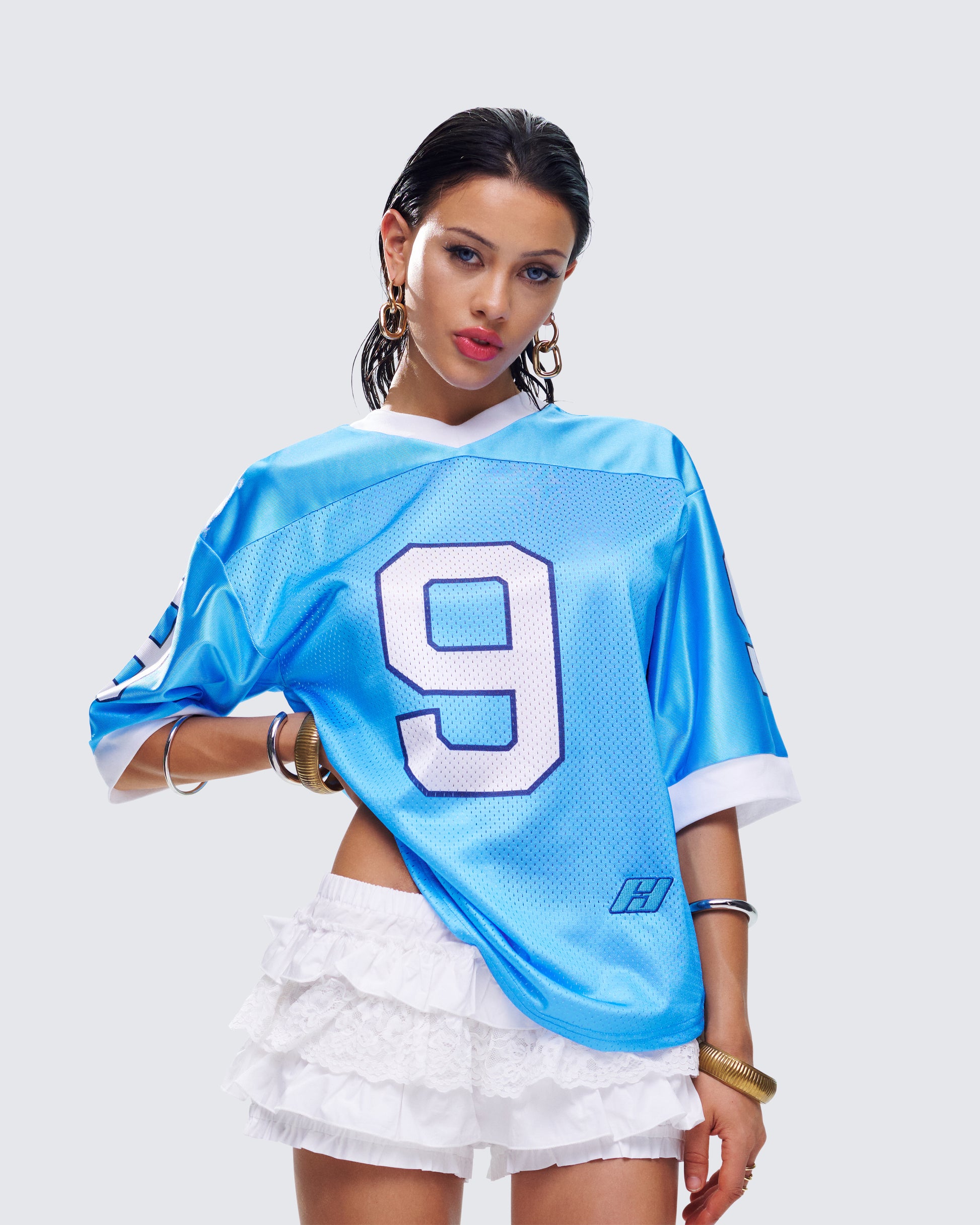 Blue Sports Jersey Top - Oversized Mesh Athletic Tee FINESSE Blue Sports Jersey Top - Oversized Mesh Athletic Tee FINESSE