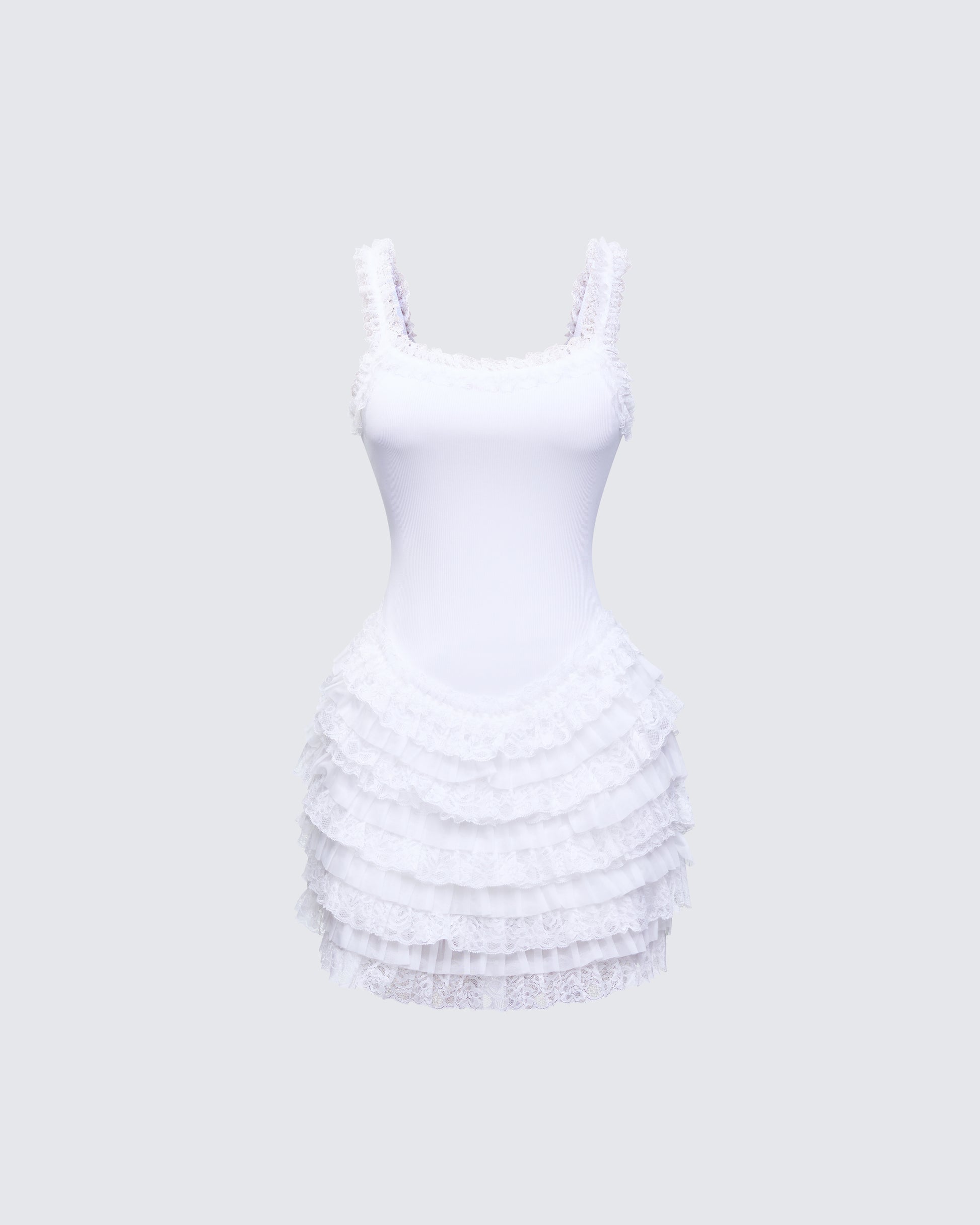 White Ruffle Mini Dress - Layered Lace Trim Bodycon FINESSE White Ruffle Mini Dress - Layered Lace Trim Bodycon FINESSE