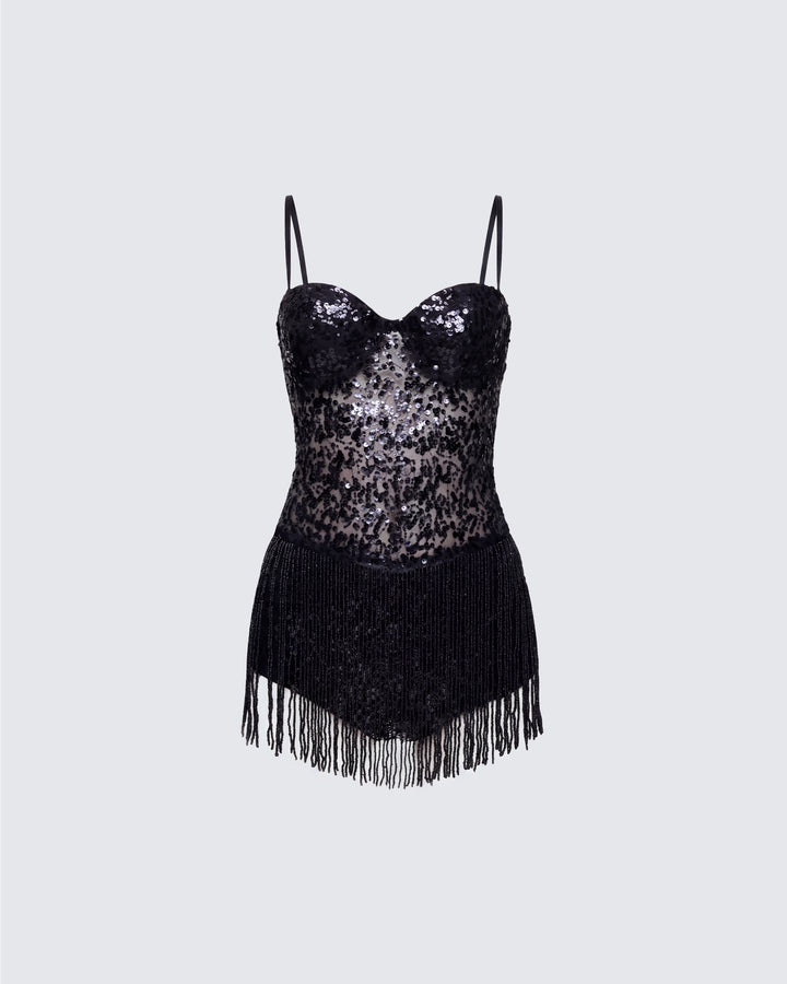 Andrina Black Sequin Fringe Romper