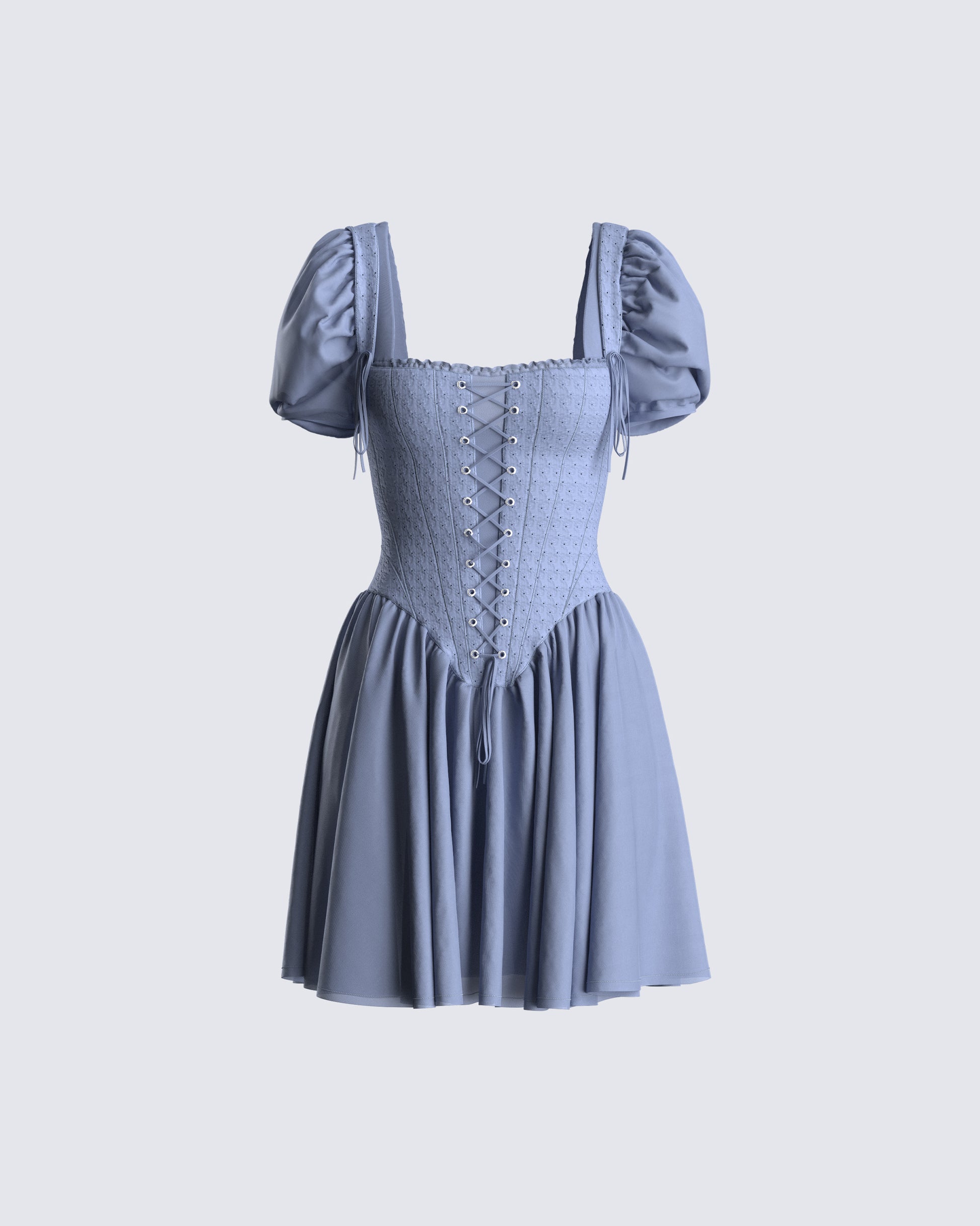 Blue Corset Mini Dress Set - Puff Sleeve Lace-Up FINESSE Blue Corset Mini Dress Set - Puff Sleeve Lace-Up FINESSE
