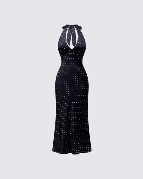 Black Polka Dot Halter Midi Dress - Bodycon Party FINESSE Black Polka Dot Halter Midi Dress - Bodycon Party FINESSE