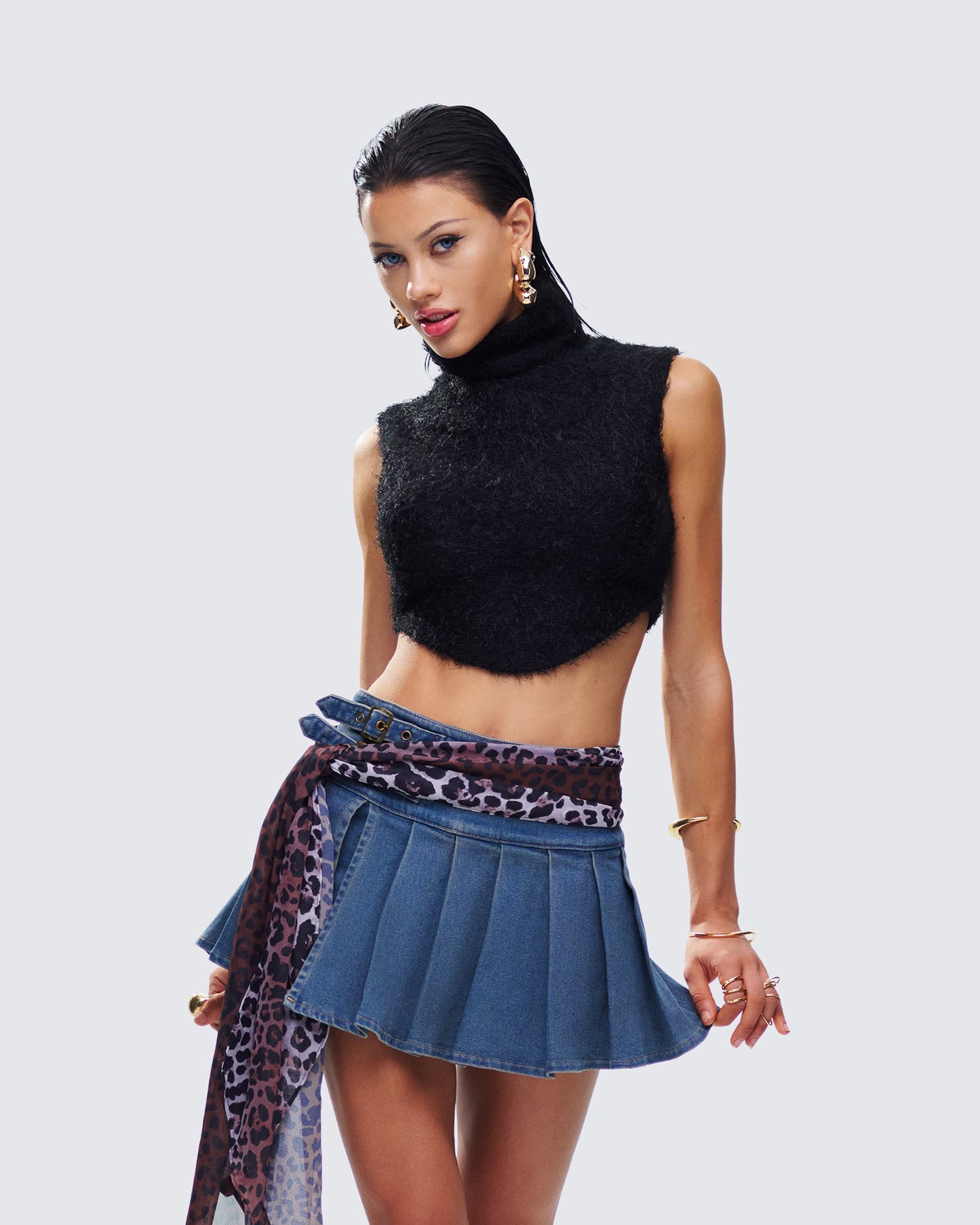 Ara Black Fuzzy Turtleneck Crop Top