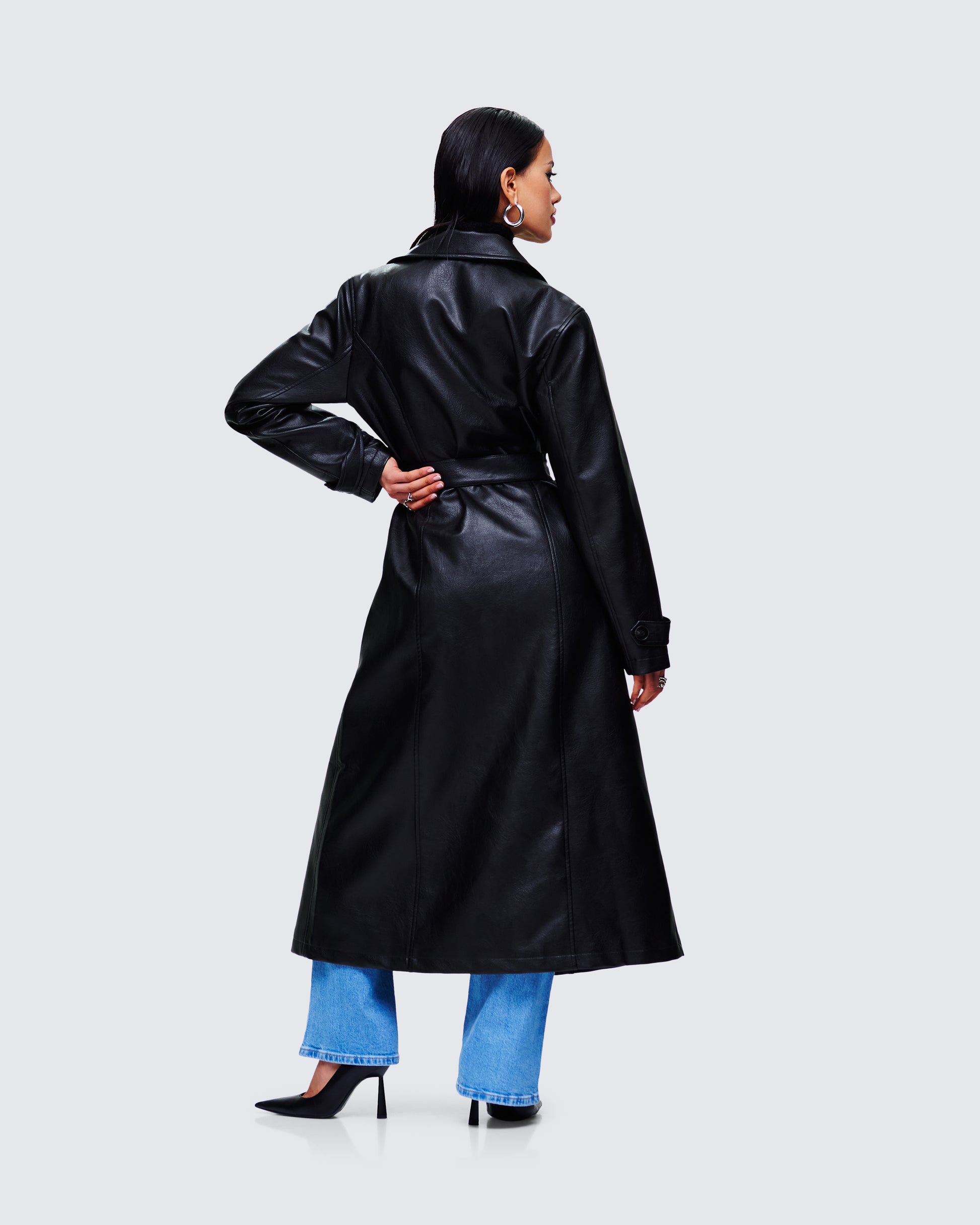 black leather dress coat Women's Coat Trench Leather Black by SPRWMN, M / Black