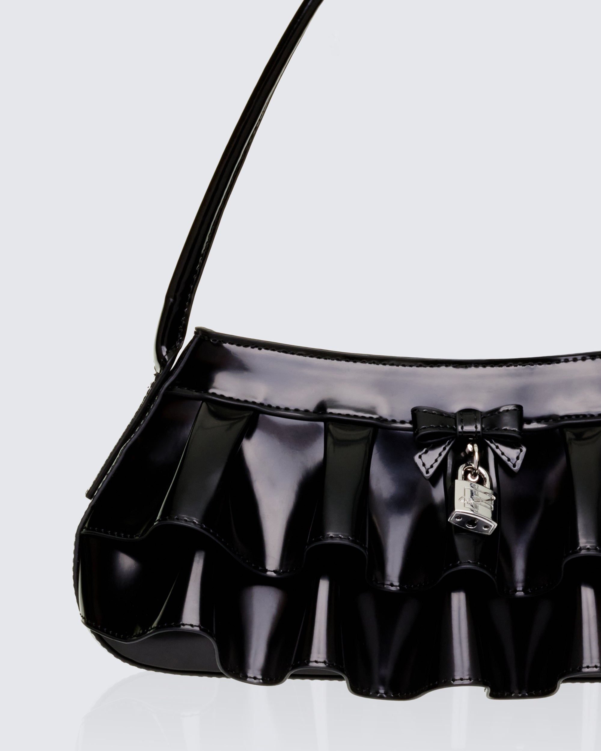 Black Patent Leather Baguette Bag - Pleated Shoulder Bag – FINESSE