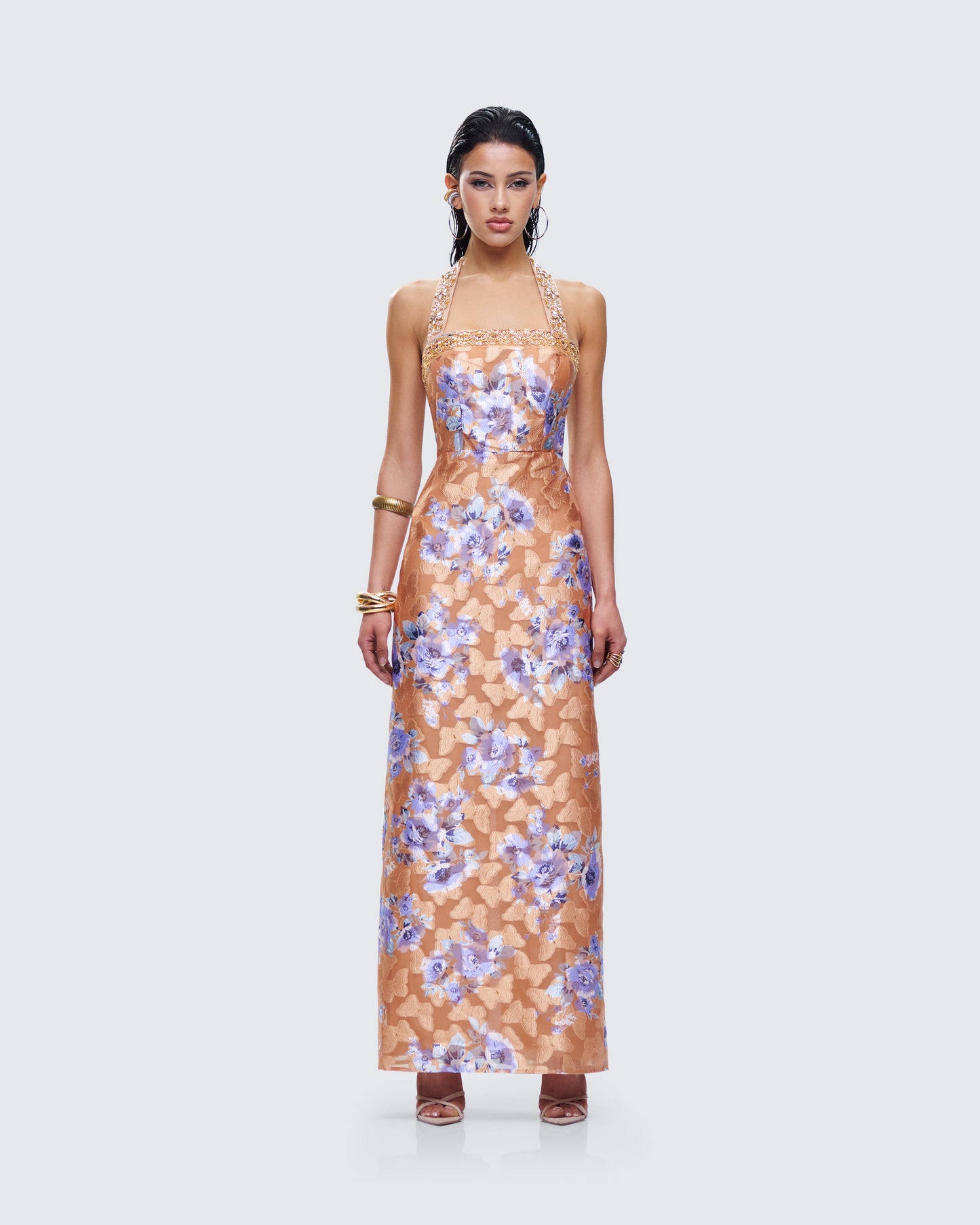 Ari Orange Floral Burnout Maxi Dress