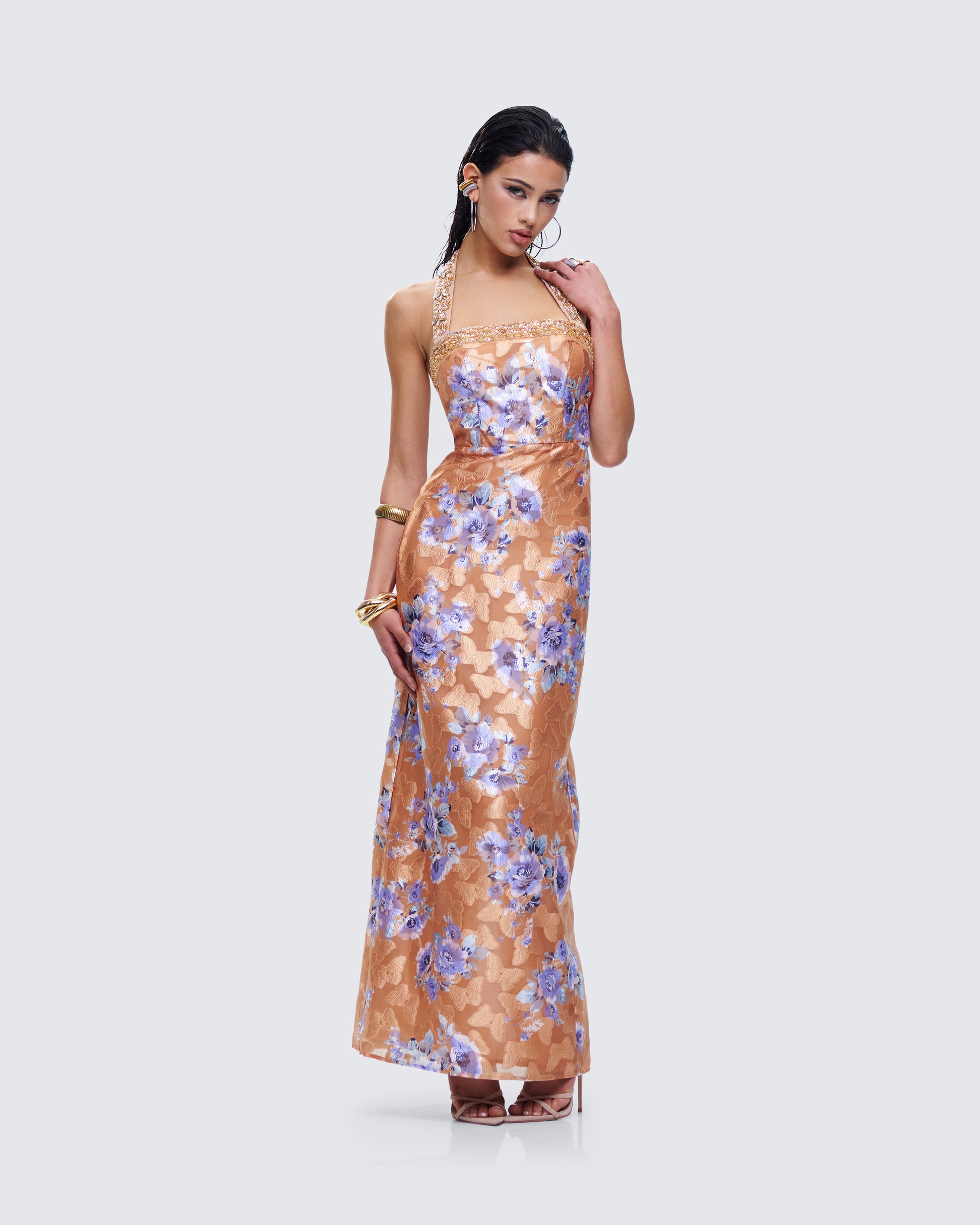 Orange Floral Burnout Maxi Dress - Halter Garden Party FINESSE Orange Floral Burnout Maxi Dress - Halter Garden Party FINESSE