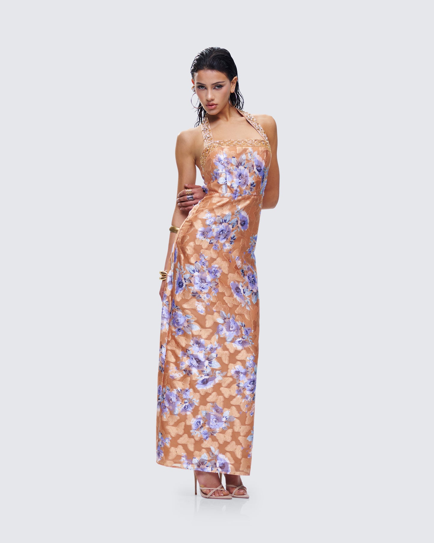 Ari Orange Floral Burnout Maxi Dress