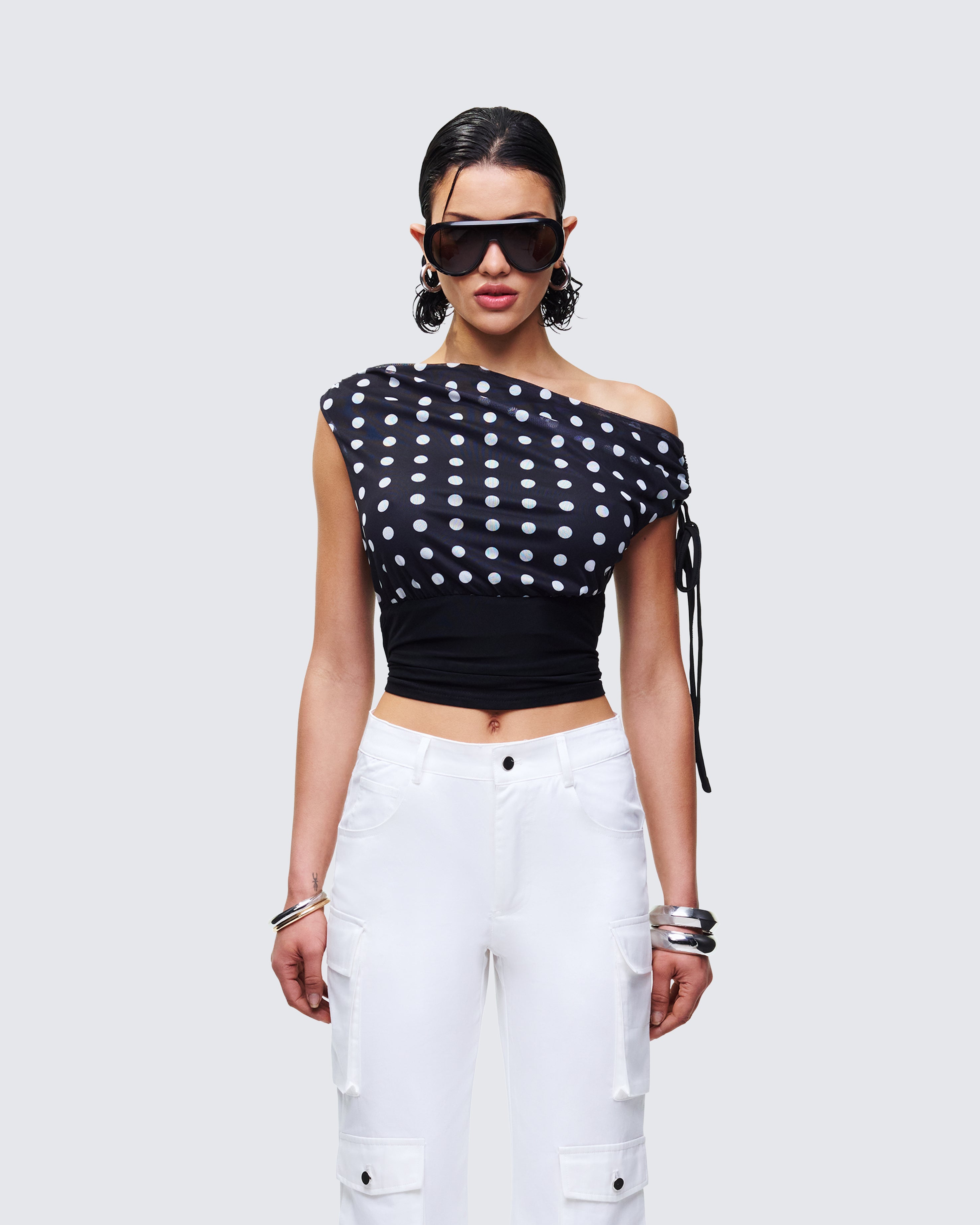 Black Polka Dot One Shoulder Top - Mesh Crop Ruched – FINESSE