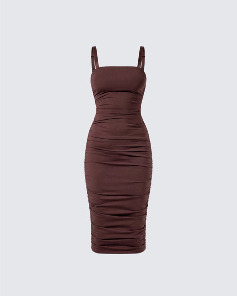 ariella midi dress Brown Ruched Midi Dress