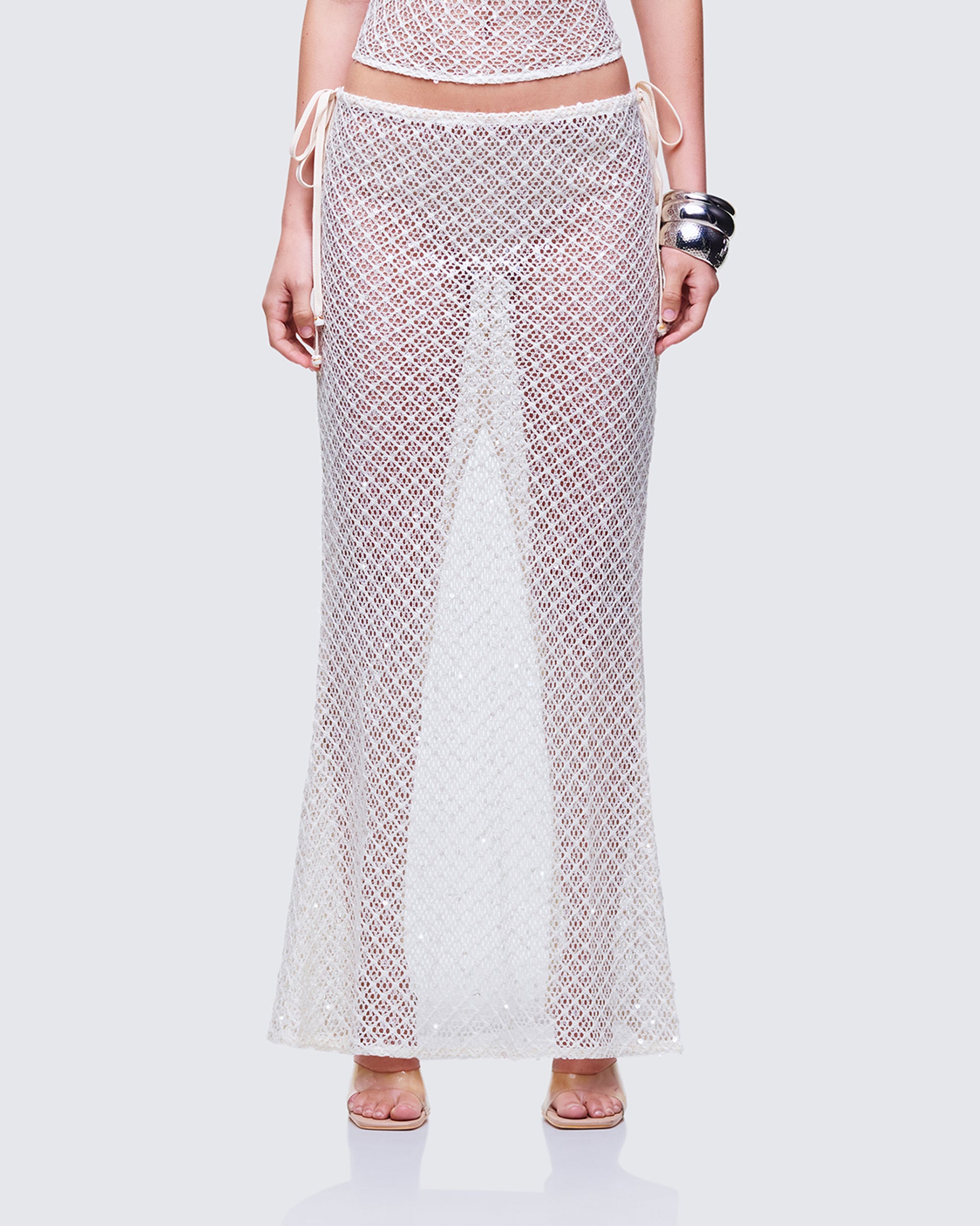 Arielle Cream Crochet Gathered Maxi Skirt model front