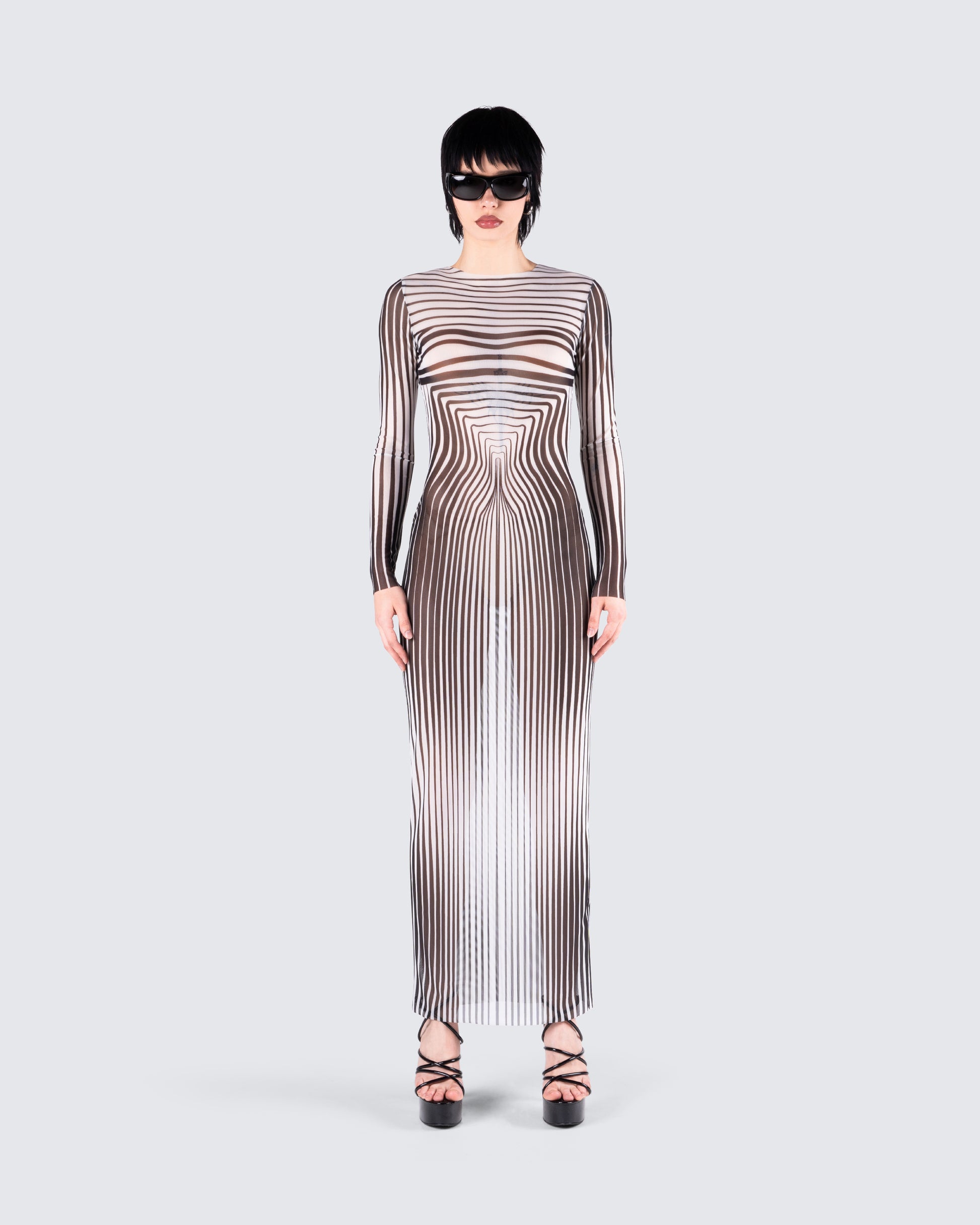 striped bodycon maxi dress Cream Striped Scoop Neck Bodycon Maxi Dress