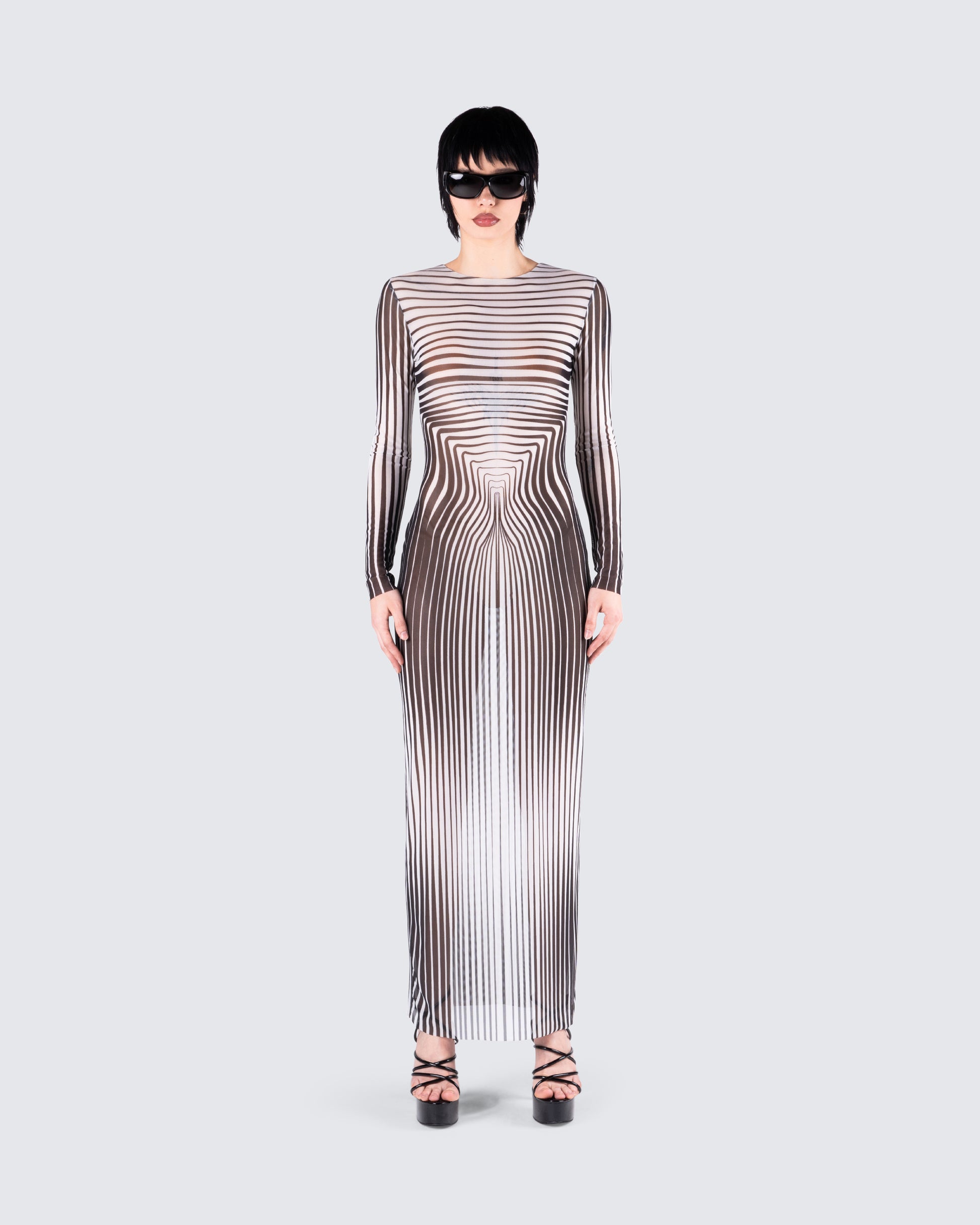 Black Optical Illusion Maxi Dress - Long Sleeve Bodycon FINESSE Black Optical Illusion Maxi Dress - Long Sleeve Bodycon FINESSE