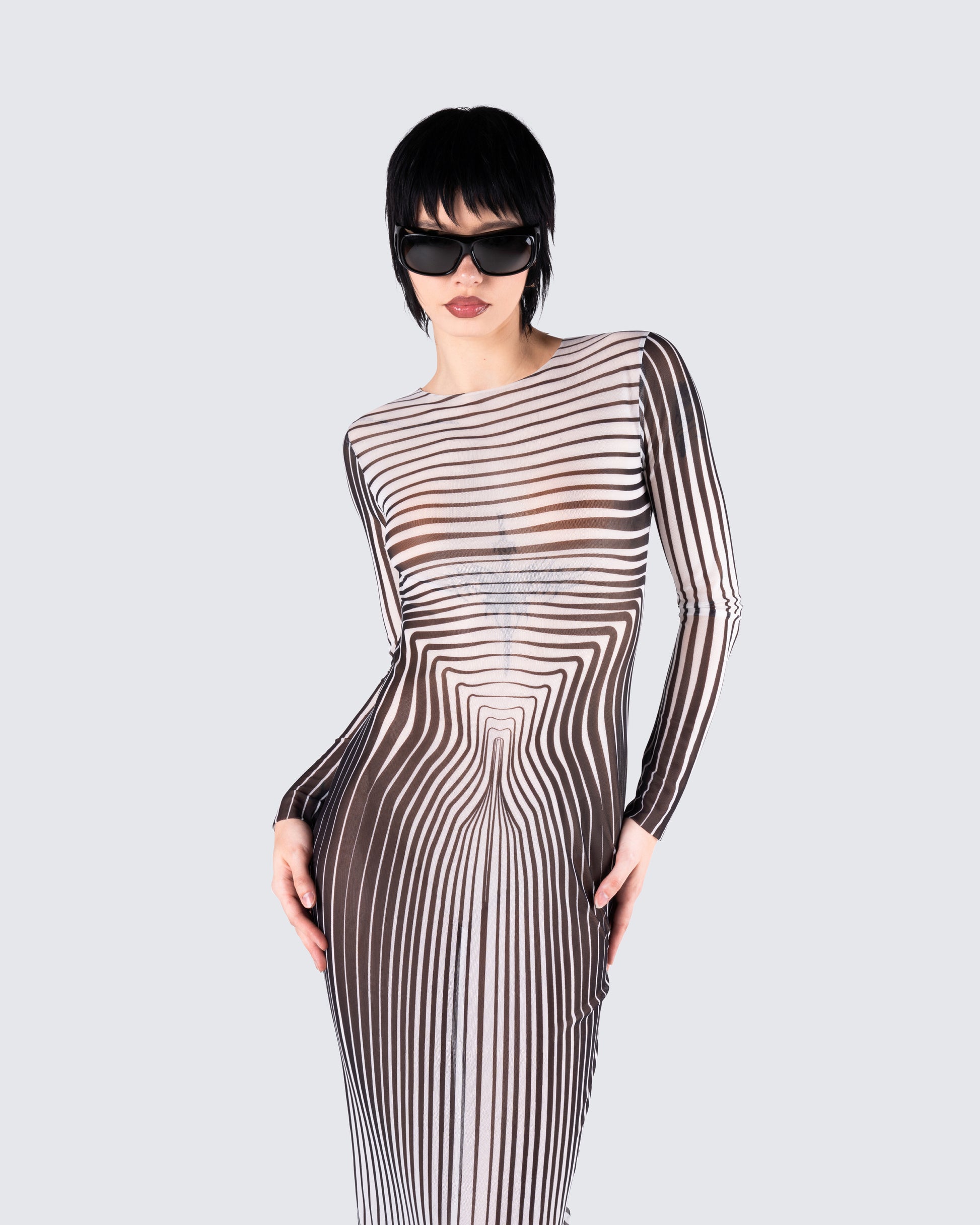 Black Optical Illusion Maxi Dress - Long Sleeve Bodycon FINESSE Black Optical Illusion Maxi Dress - Long Sleeve Bodycon FINESSE