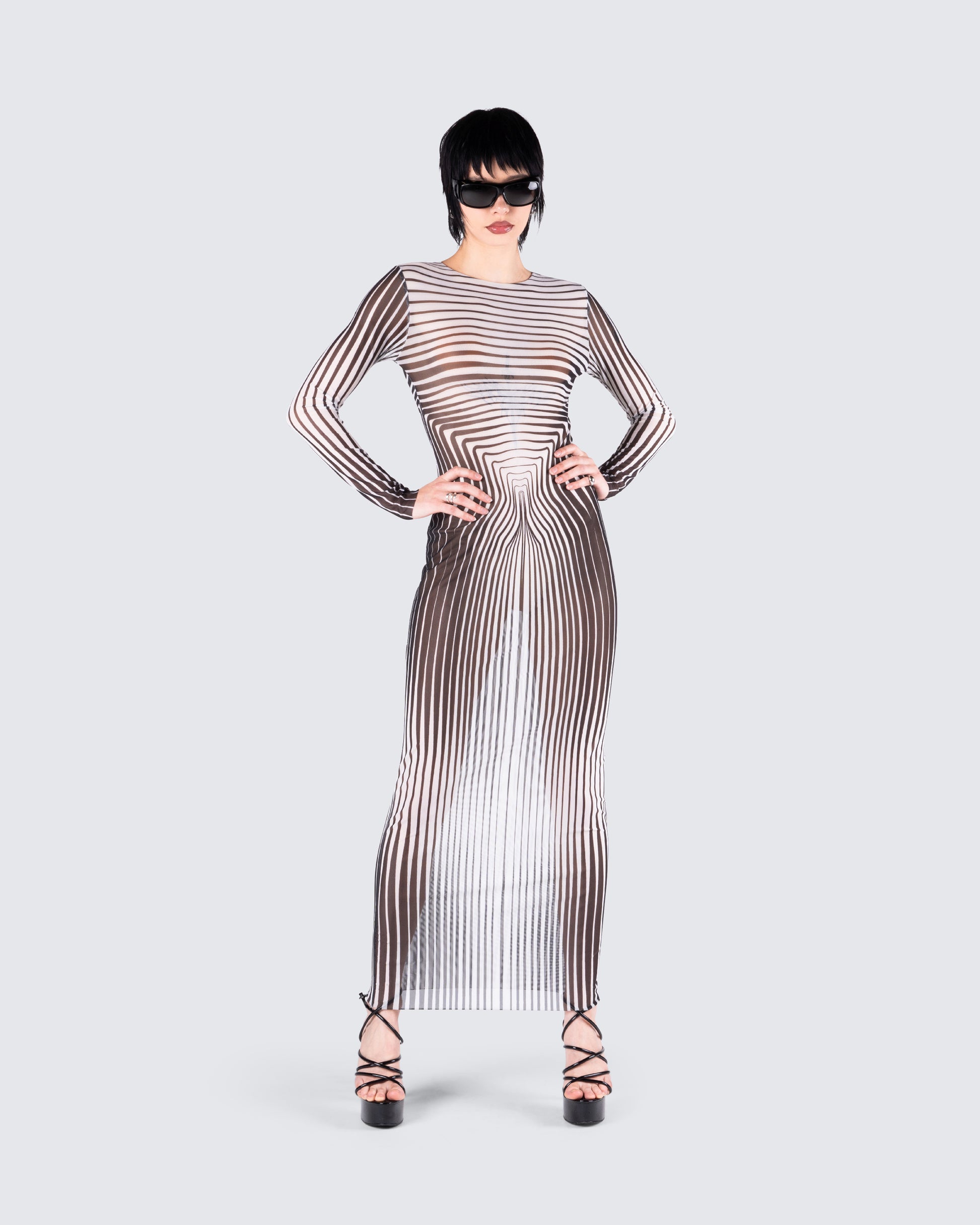 Black Optical Illusion Maxi Dress - Long Sleeve Bodycon FINESSE Black Optical Illusion Maxi Dress - Long Sleeve Bodycon FINESSE