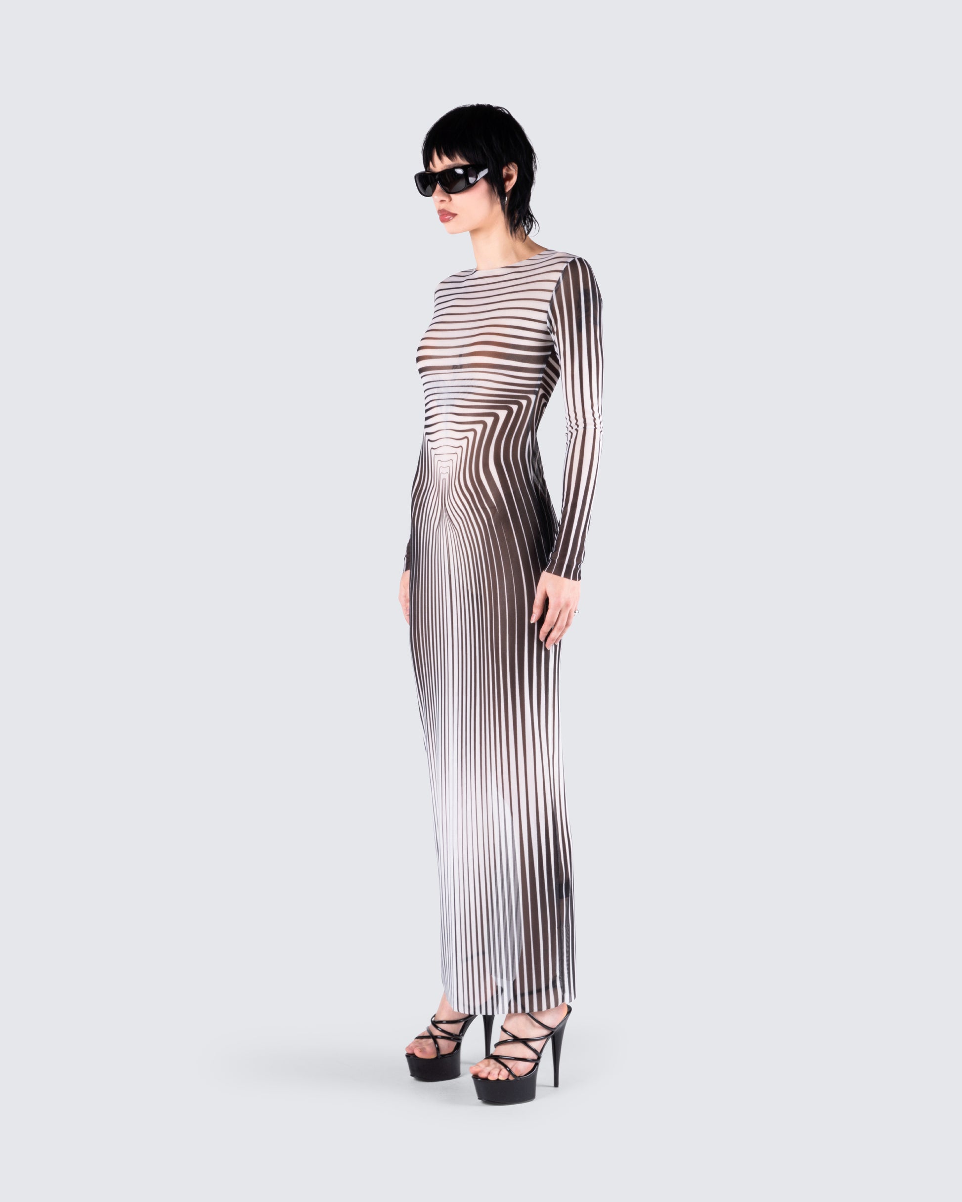Black Optical Illusion Maxi Dress - Long Sleeve Bodycon FINESSE Black Optical Illusion Maxi Dress - Long Sleeve Bodycon FINESSE
