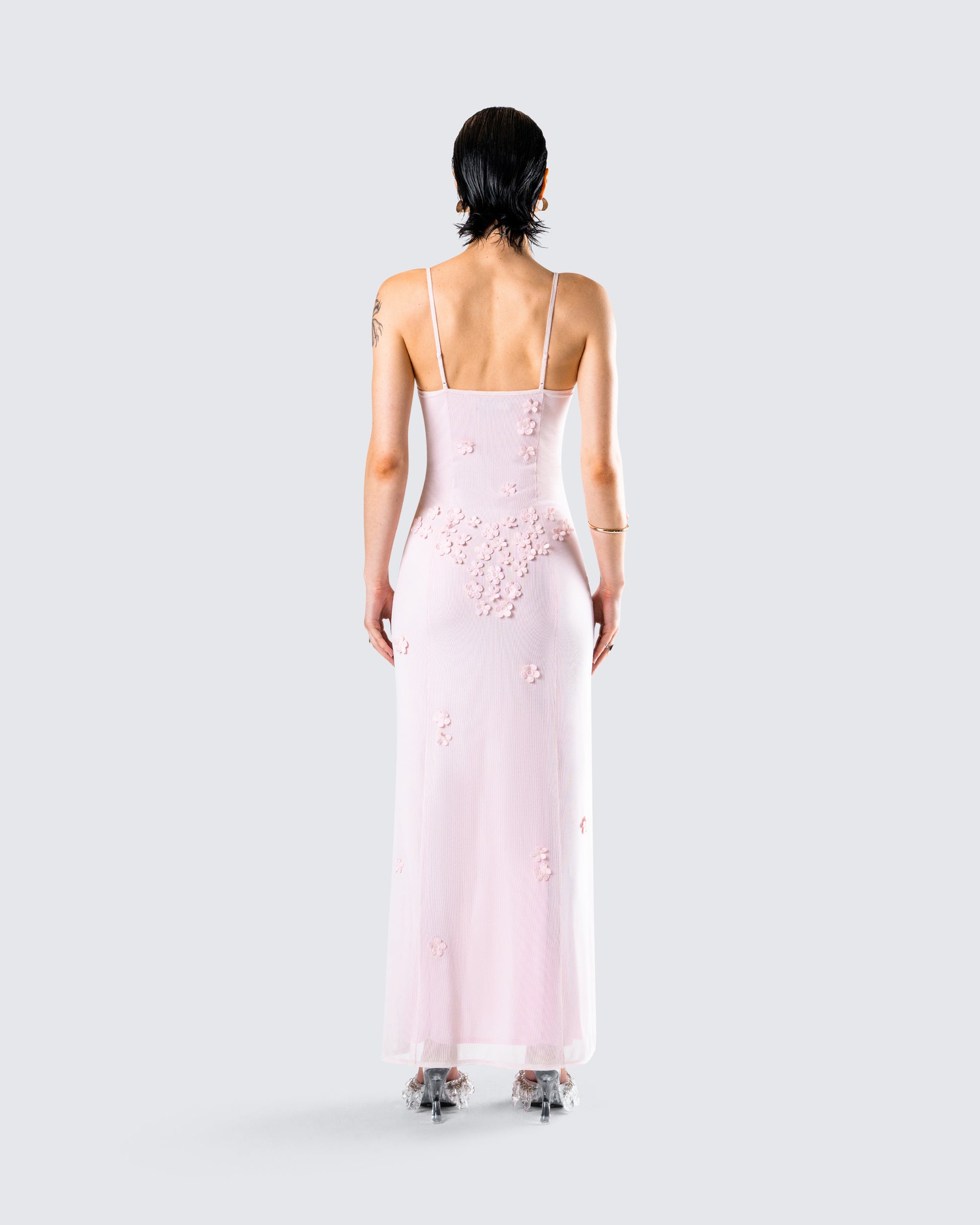 Pink Floral Applique Maxi Dress - Slit Gown FINESSE Pink Floral Applique Maxi Dress - Slit Gown FINESSE