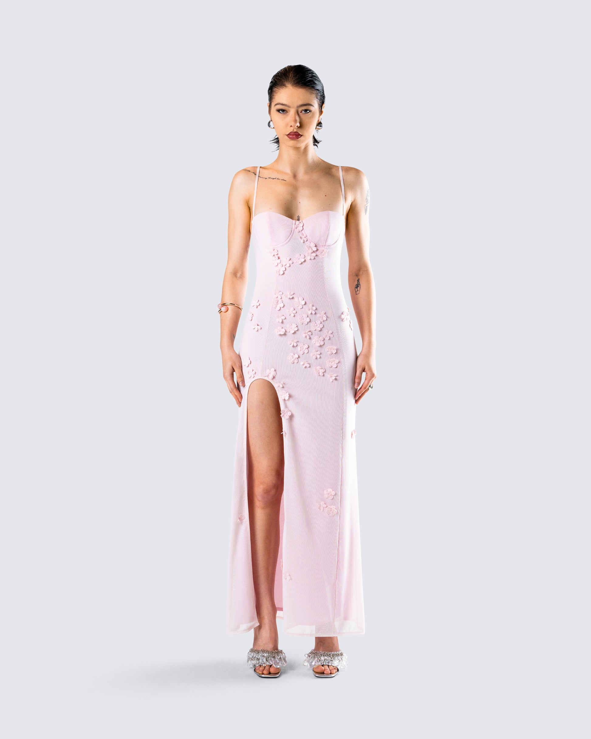 Pink Floral Applique Maxi Dress - Slit Gown FINESSE Pink Floral Applique Maxi Dress - Slit Gown FINESSE