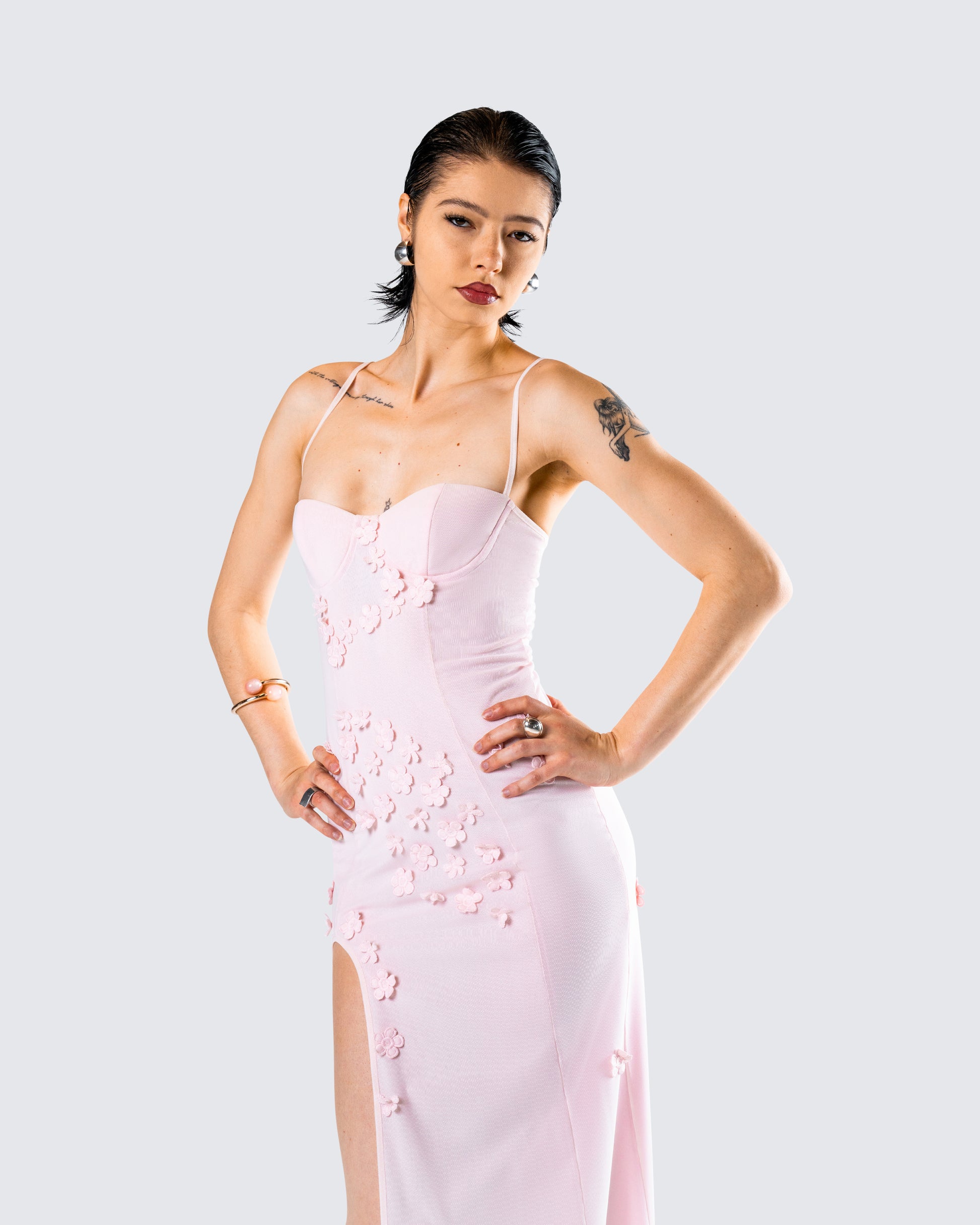 Pink Floral Applique Maxi Dress - Slit Gown FINESSE Pink Floral Applique Maxi Dress - Slit Gown FINESSE