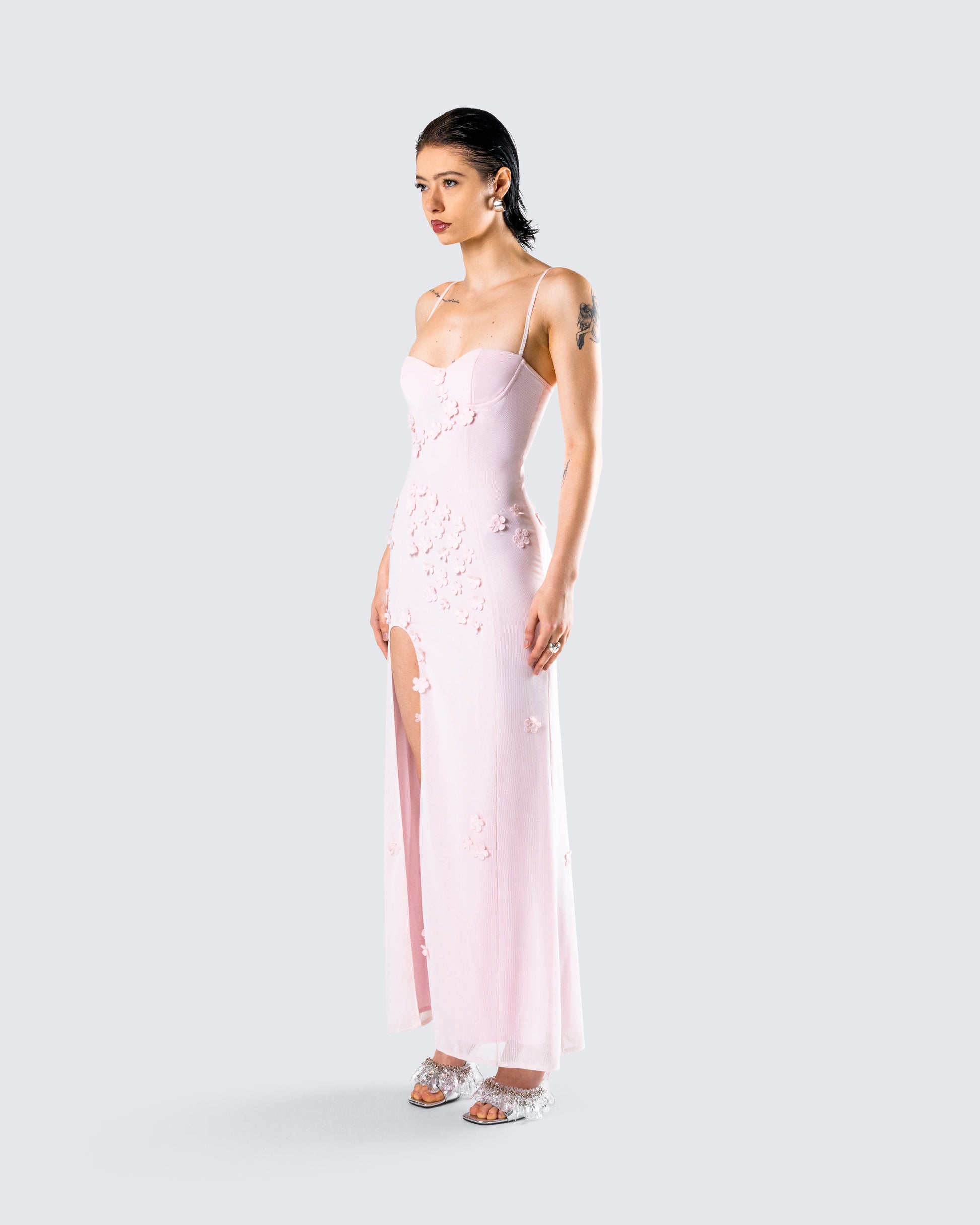Pink Floral Applique Maxi Dress - Slit Gown FINESSE Pink Floral Applique Maxi Dress - Slit Gown FINESSE