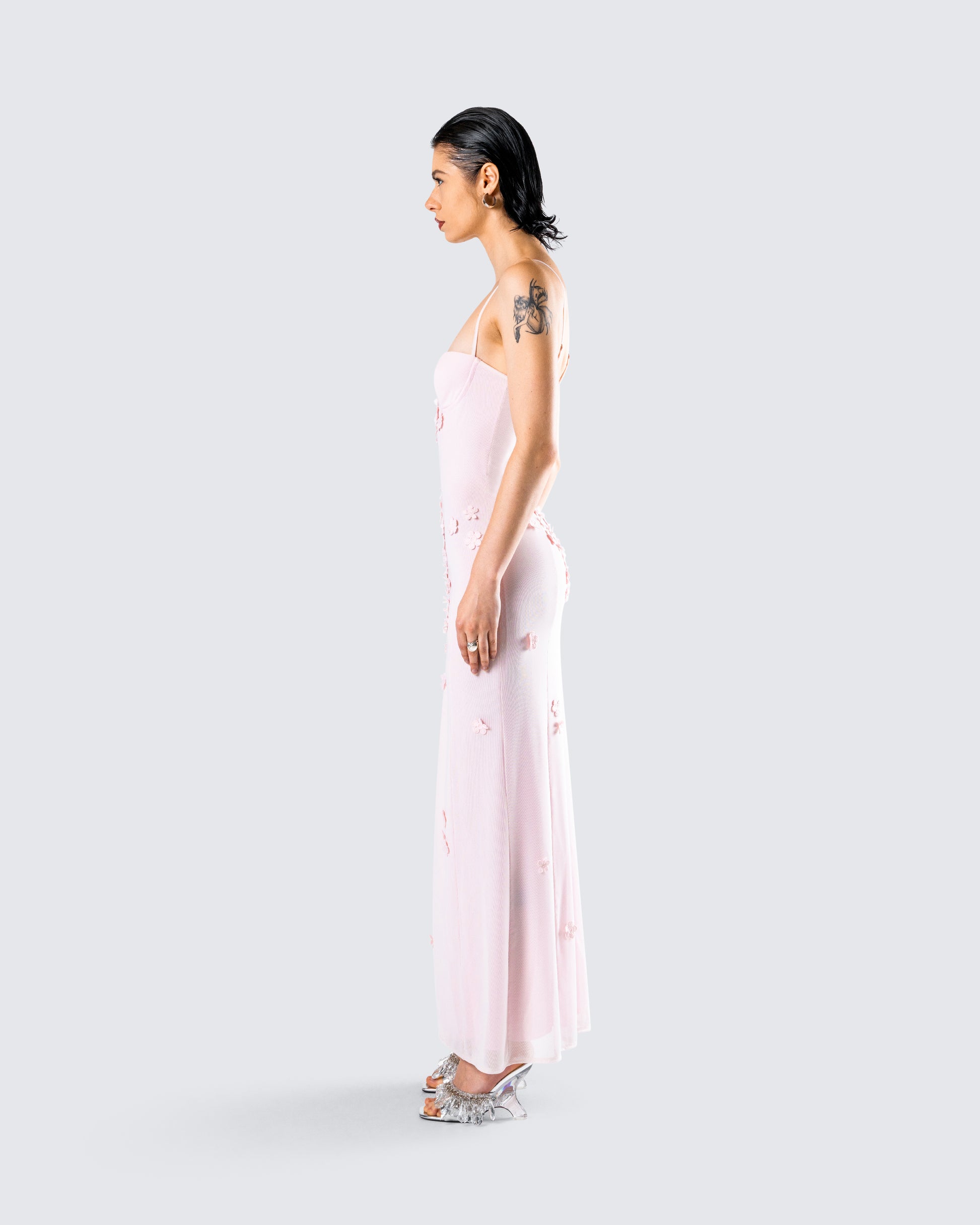 Pink Floral Applique Maxi Dress - Slit Gown FINESSE Pink Floral Applique Maxi Dress - Slit Gown FINESSE