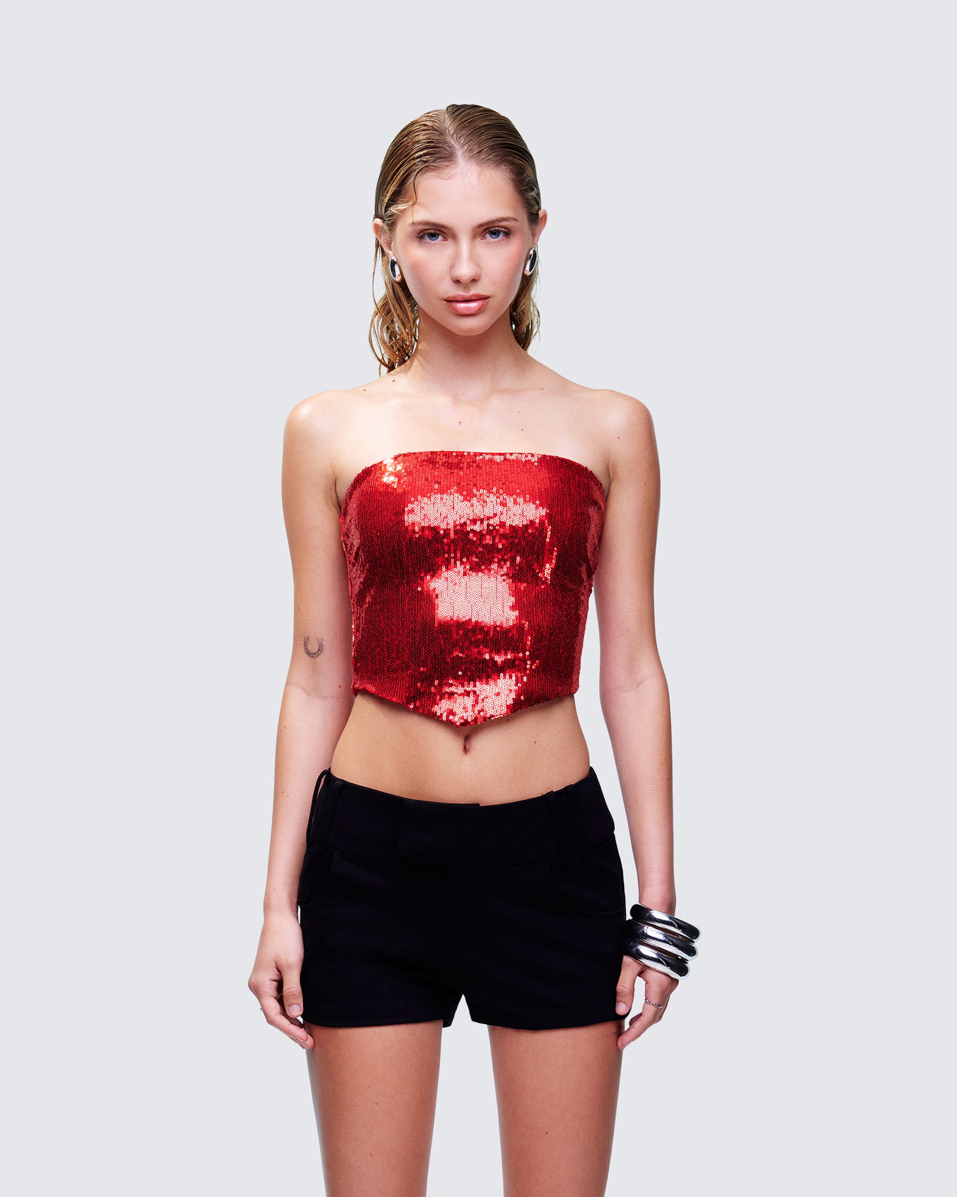 Astraia Red Sequin Bandeau Top model front