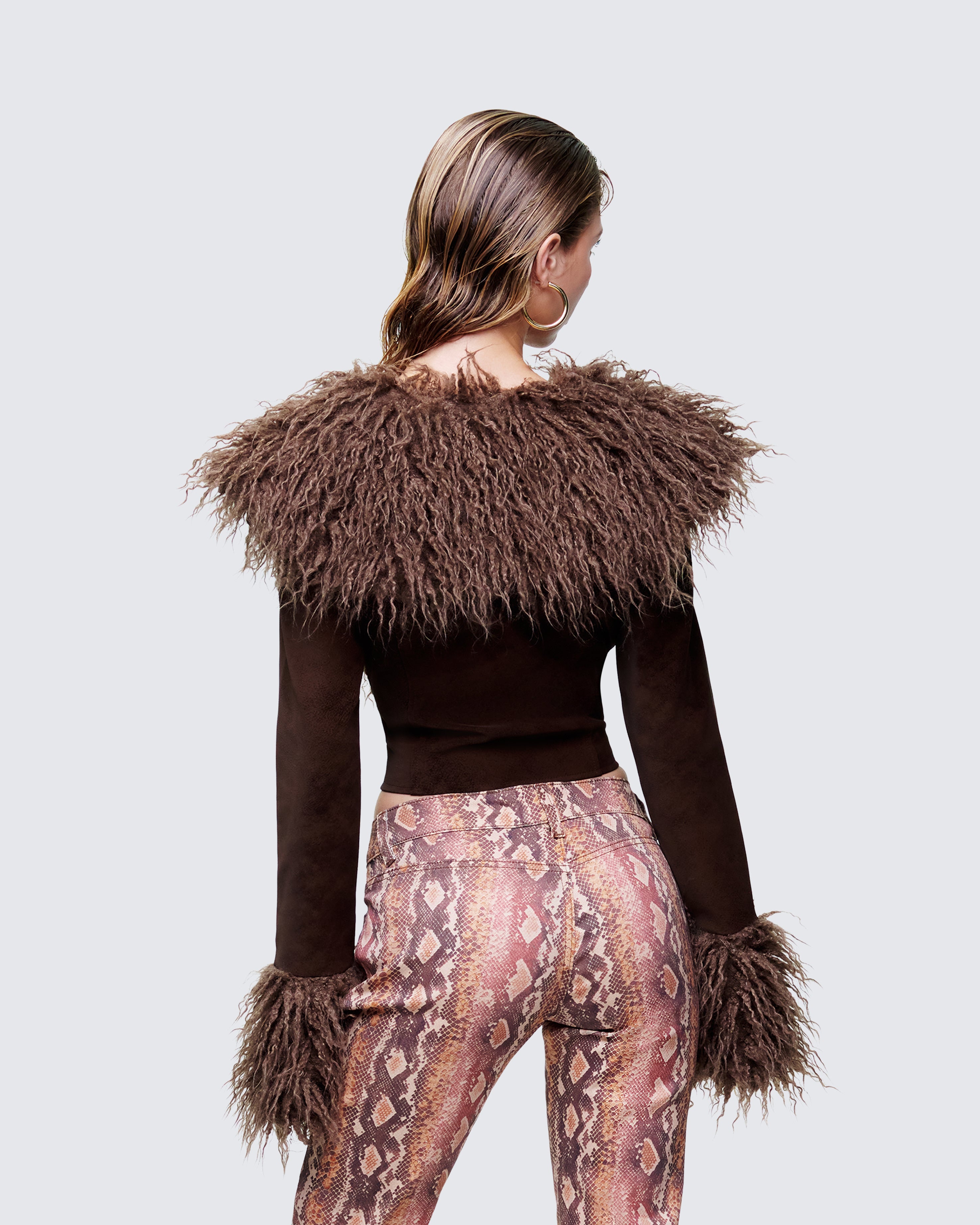 Brown Faux Fur Cropped Jacket - Shaggy Collar & Cuffs – FINESSE