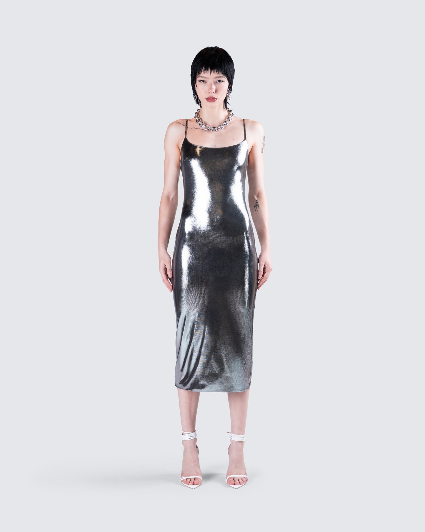 Aurra Metallic Gunmetal Midi Dress