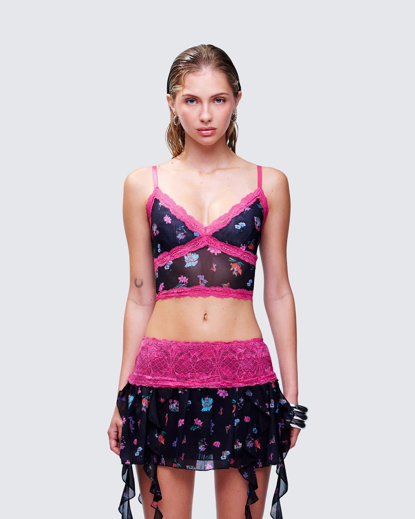 Aurelia Black Printed Mesh Cami model front